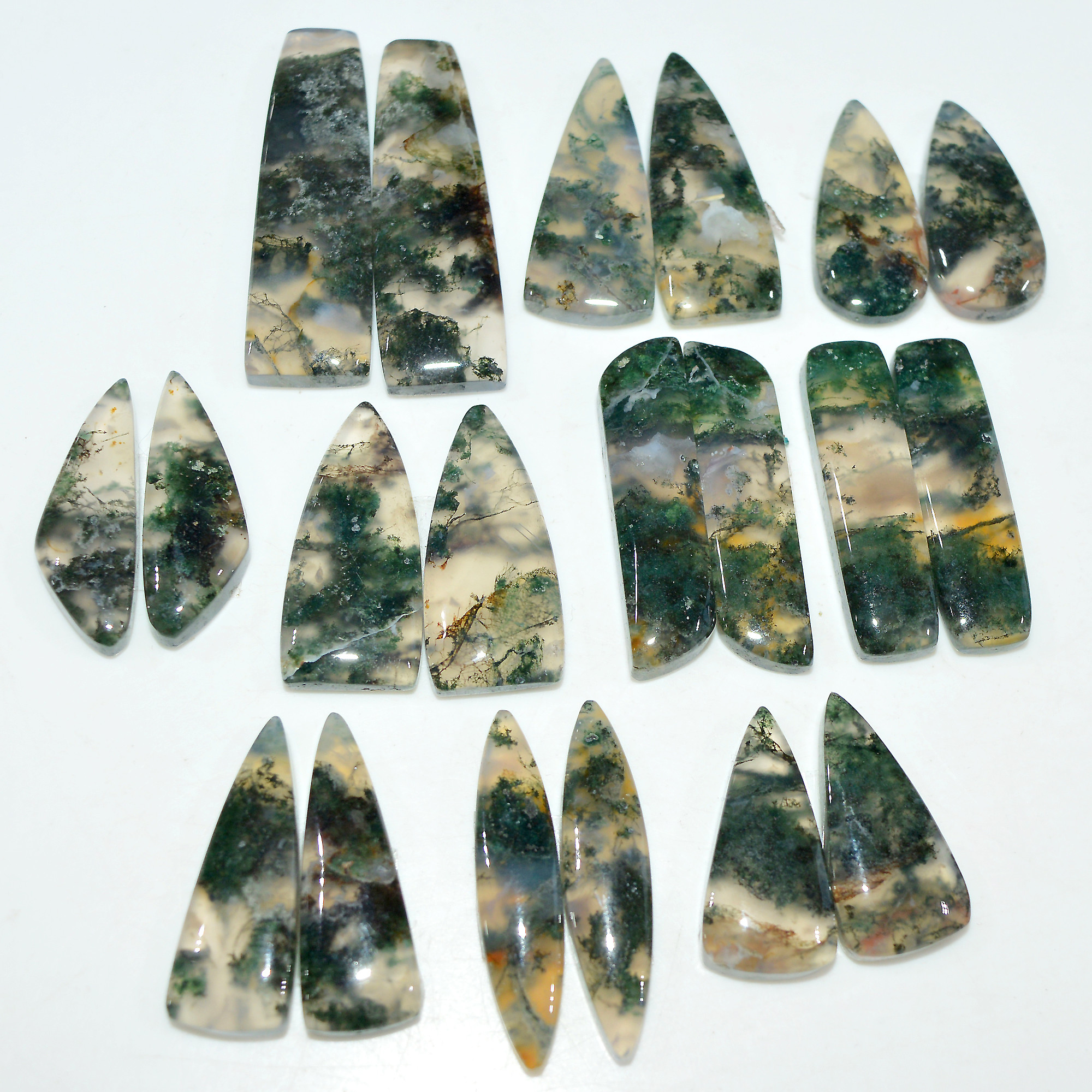 10 Pairs 200 Cts Natural Green Moss Agate Cabochon Gemstone Pair Lot For Silver Jewelry 30x9 16x9mm 35x10 20x10mm 17569