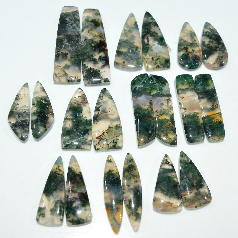 Image of 10 Pairs 200 Cts Natural Green Moss Agate Cabochon Gemstone Pair Lot For Silver Jewelry 30x9 16x9mm 35x10 20x10mm #17569