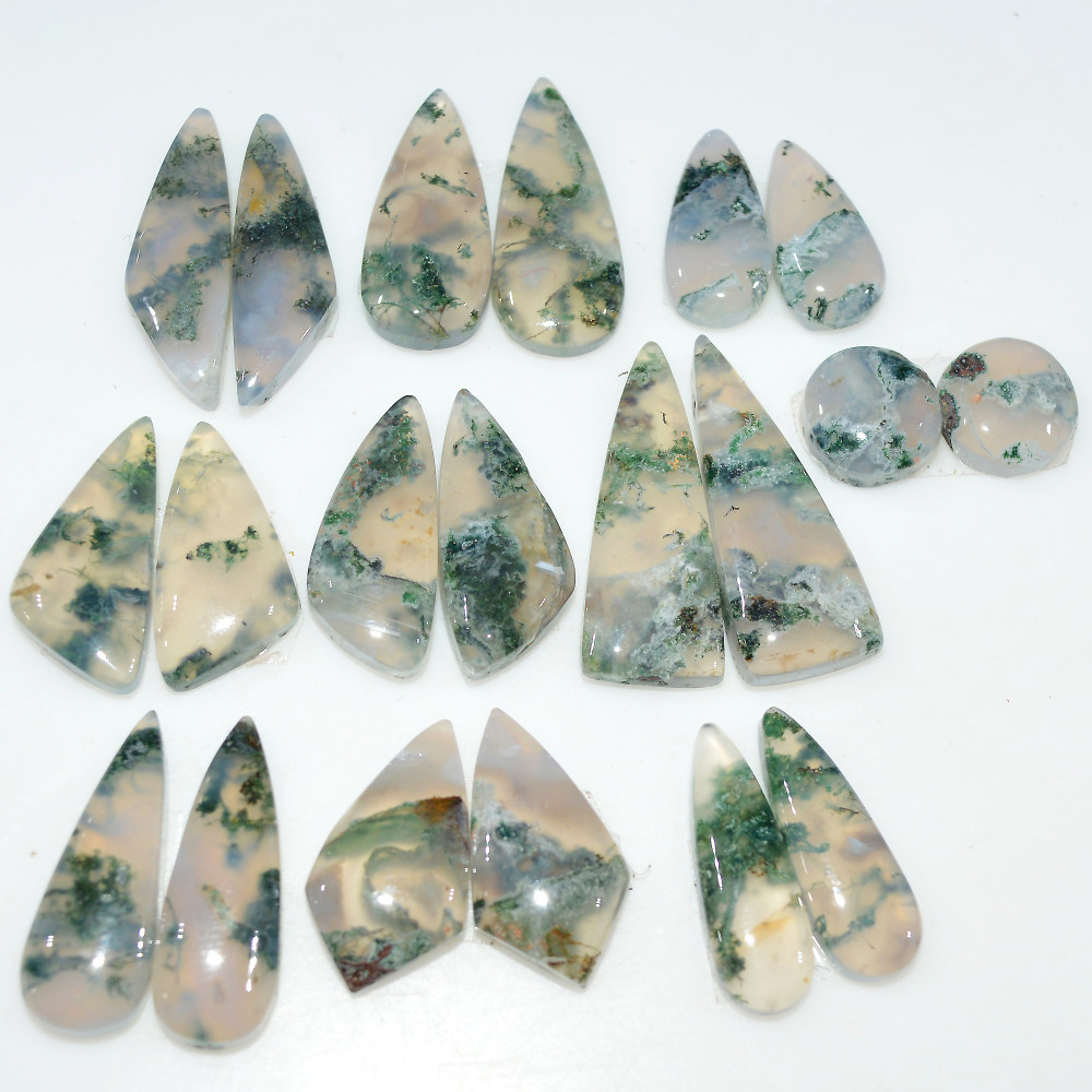 Image of 10 Pairs 149 Cts Natural Green Moss Agate Cabochon Gemstone Pair Lot For Silver Jewelry 30x9 16x9mm 25x10 10x10mm #17570