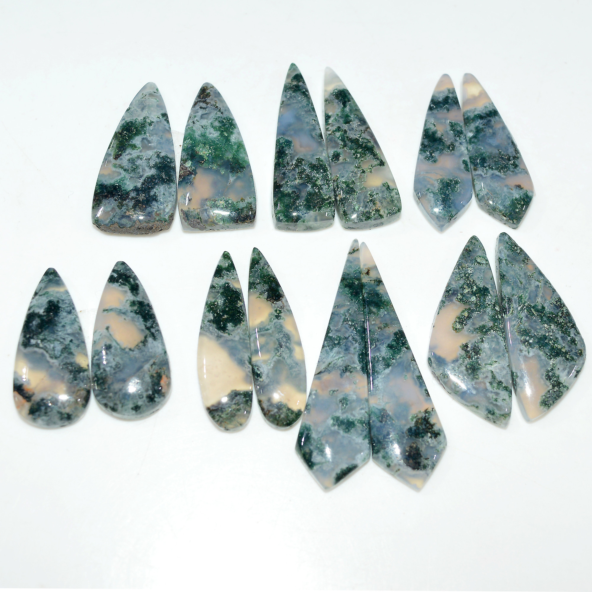 7 Pairs 133 Cts Natural Green Moss Agate Cabochon Gemstone Pair Lot For Silver Jewelry 30x9 16x9mm 38x10 23x10mm 17571
