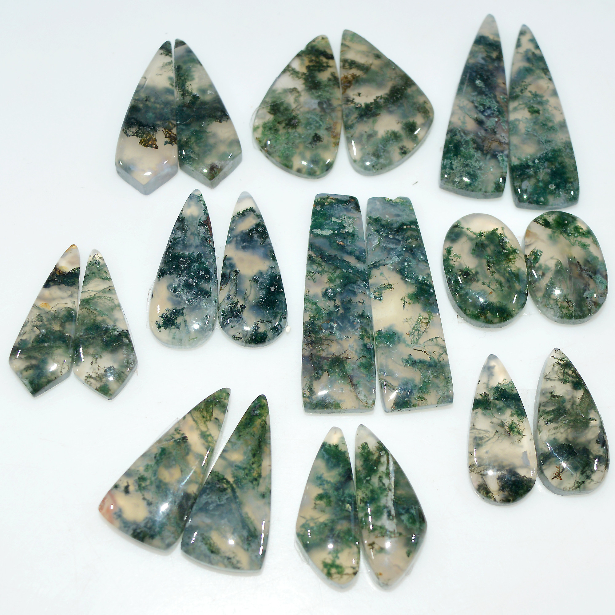 10 Pairs 160 Cts Natural Green Moss Agate Cabochon Gemstone Pair Lot For Silver Jewelry 30x9 16x9mm 30x9 15x10mm 17572