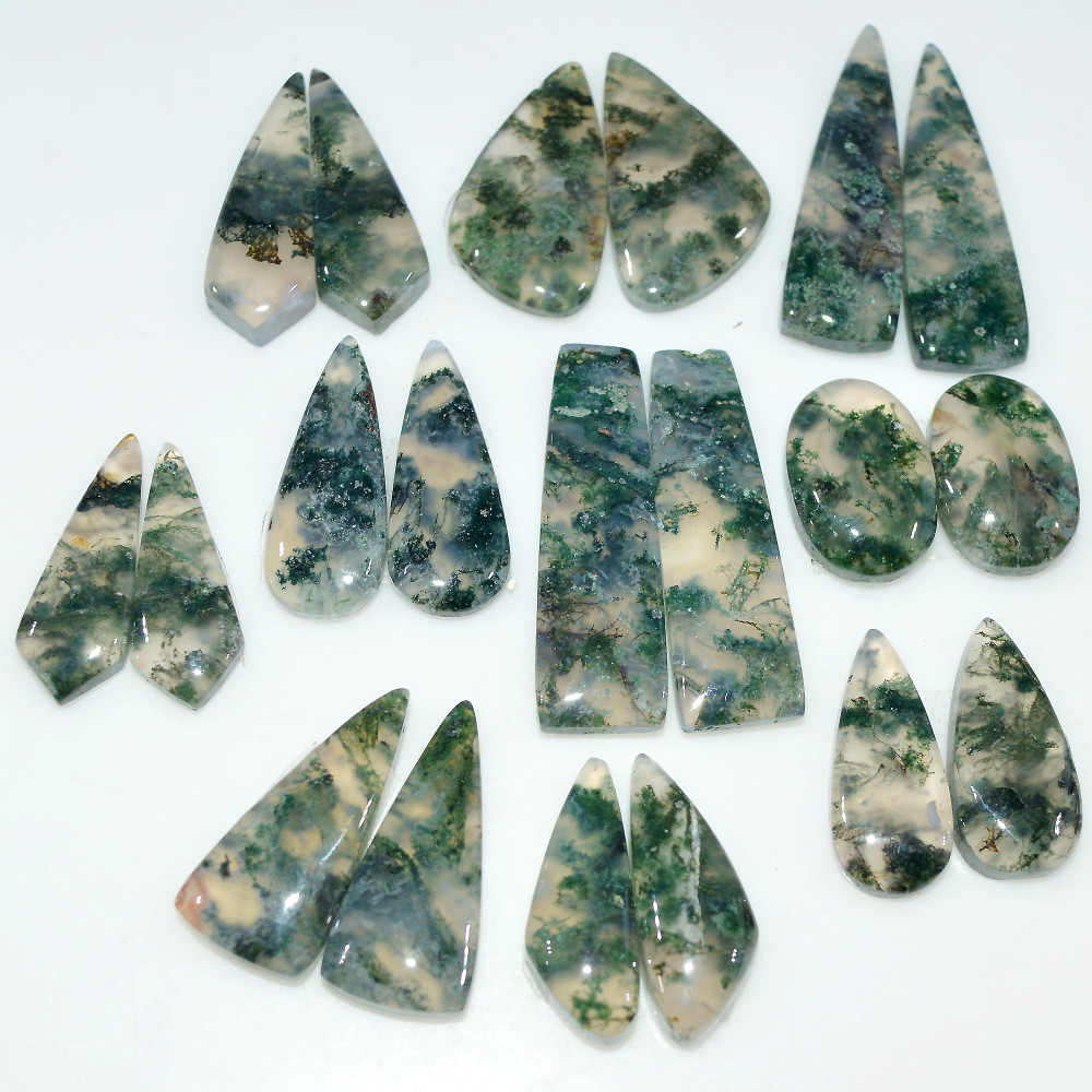 Image of 10 Pairs 160 Cts Natural Green Moss Agate Cabochon Gemstone Pair Lot For Silver Jewelry 30x9 16x9mm 30x9 15x10mm #17572
