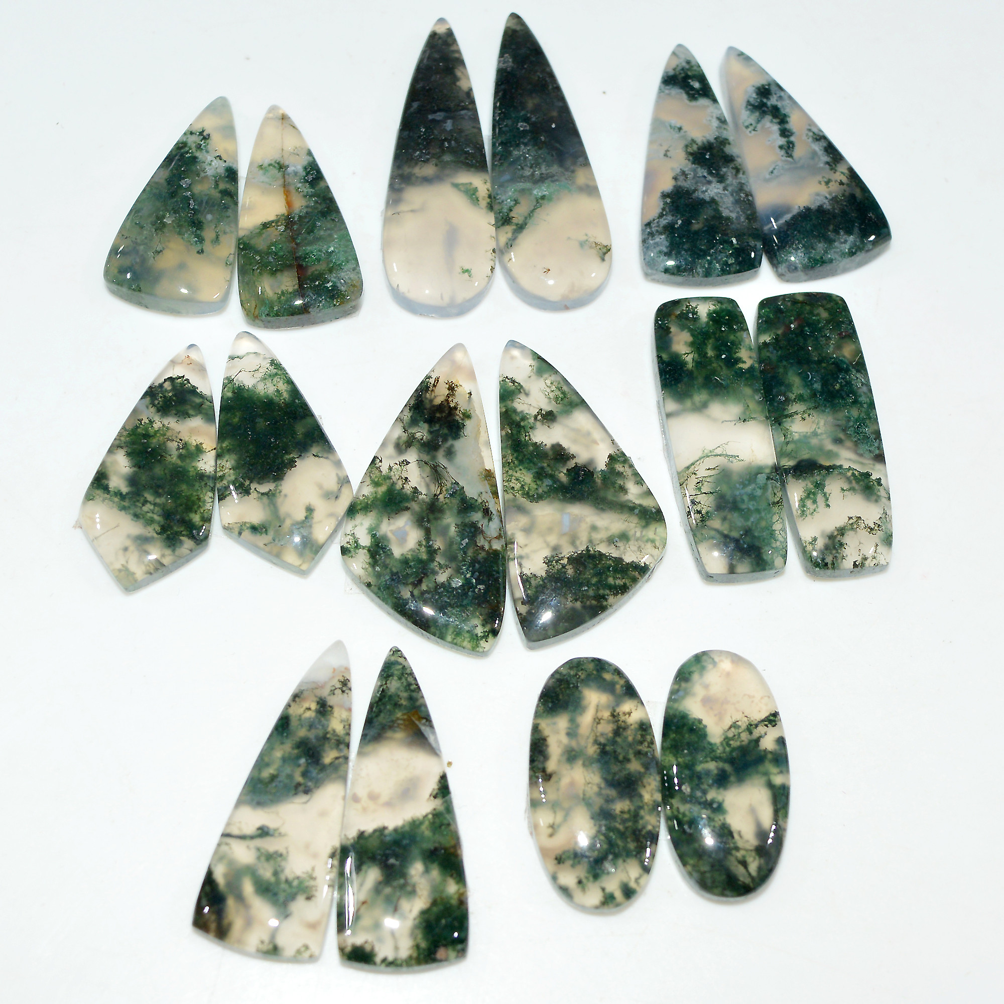 8 Pairs 160 Cts Natural Green Moss Agate Cabochon Gemstone Pair Lot For Silver Jewelry 30x9 16x9mm 30x9 20x10mm 17573