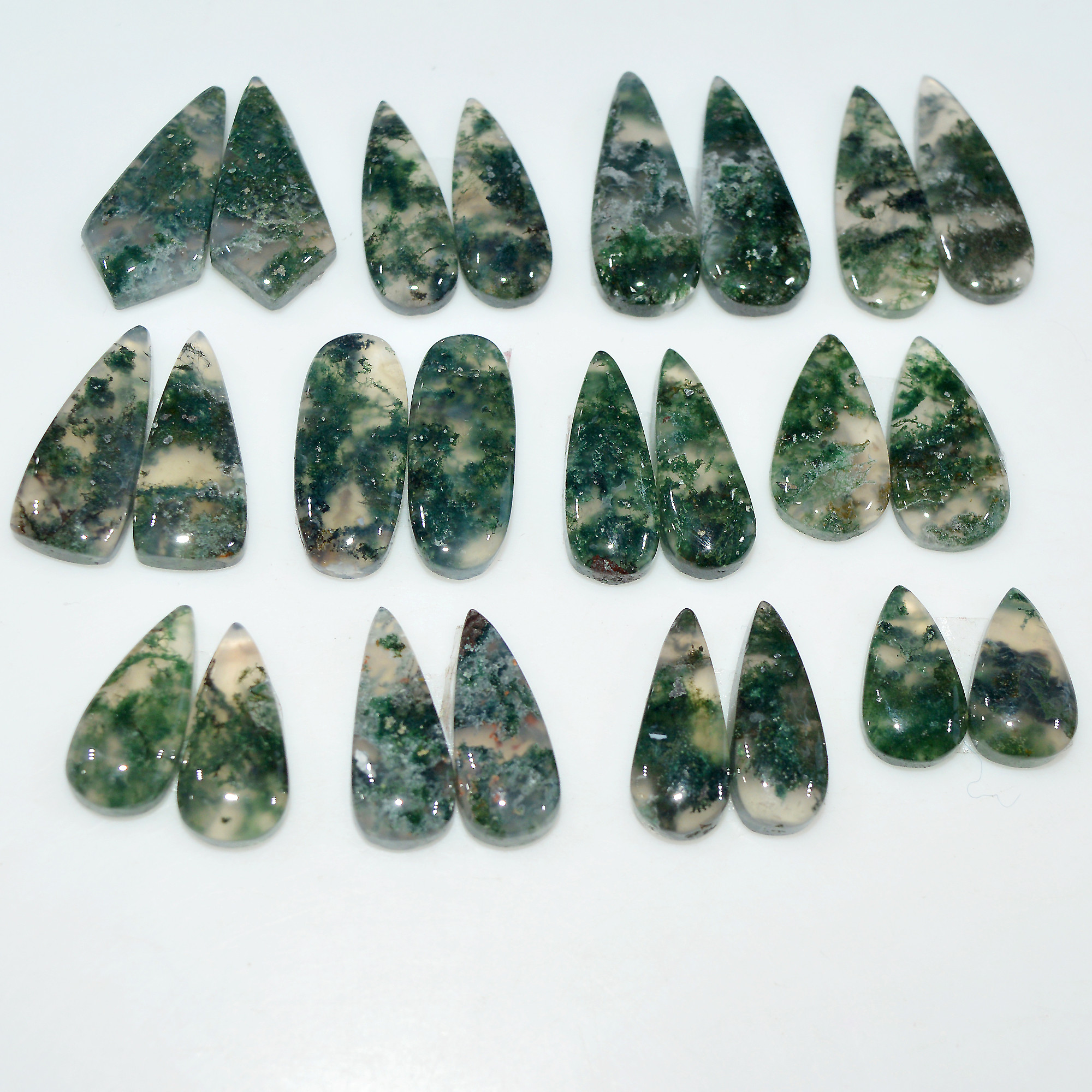 12 Pairs 168 Cts Natural Green Moss Agate Cabochon Gemstone Pair Lot For Silver Jewelry 30x9 16x9mm 24x9 14x7mm 17574