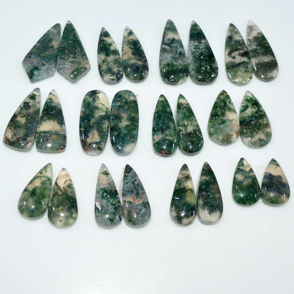 Image of 12 Pairs 168 Cts Natural Green Moss Agate Cabochon Gemstone Pair Lot For Silver Jewelry 30x9 16x9mm 24x9 14x7mm #17574