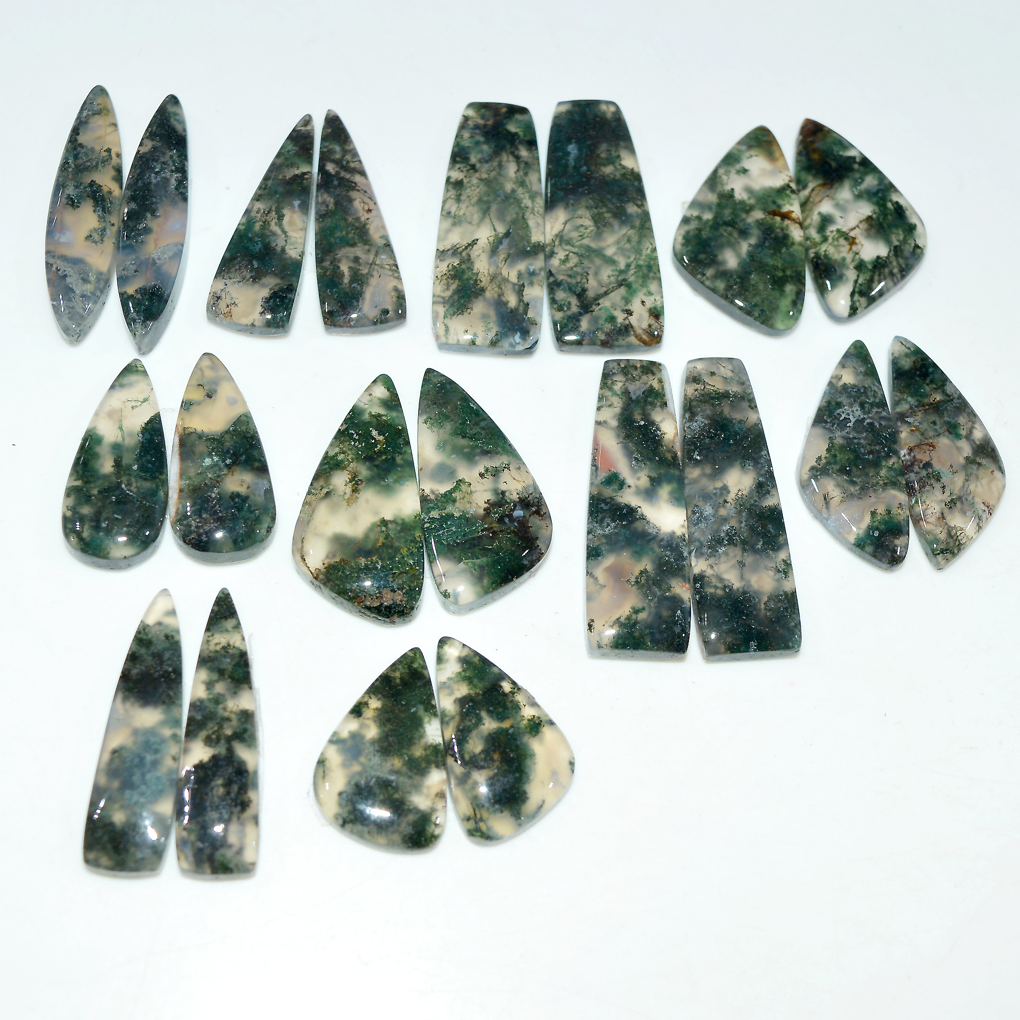 10 Pairs 205 Cts Natural Green Moss Agate Cabochon Gemstone Pair Lot For Silver Jewelry 30x9 16x9mm 30x10 18x10mm 17575