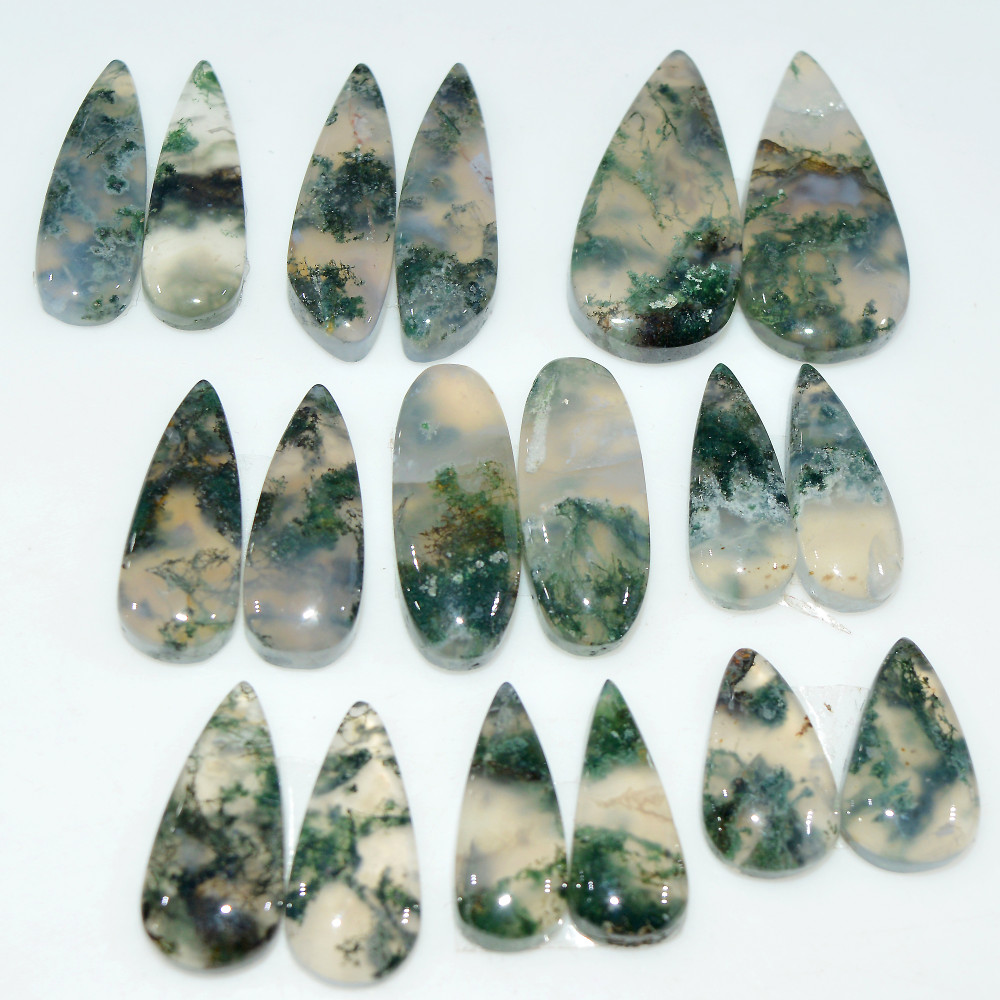 Image of 9 Pairs 145 Cts Natural Green Moss Agate Cabochon Gemstone Pair Lot For Silver Jewelry 30x9 16x9mm 25x11 15x9mm #17576