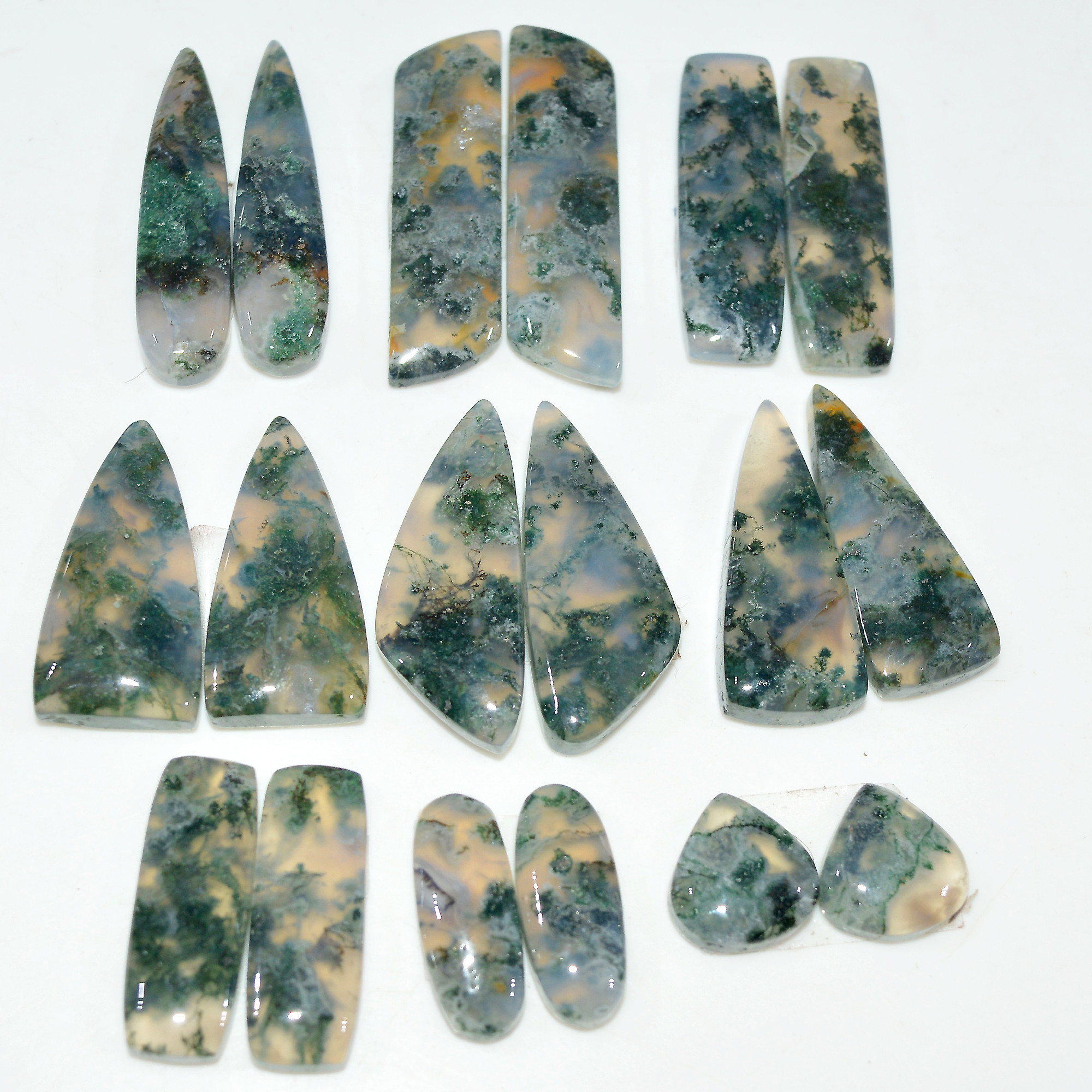 9 Pairs 174 Cts Natural Green Moss Agate Cabochon Gemstone Pair Lot For Silver Jewelry 30x9 16x9mm 30x8 10x10mm 17577