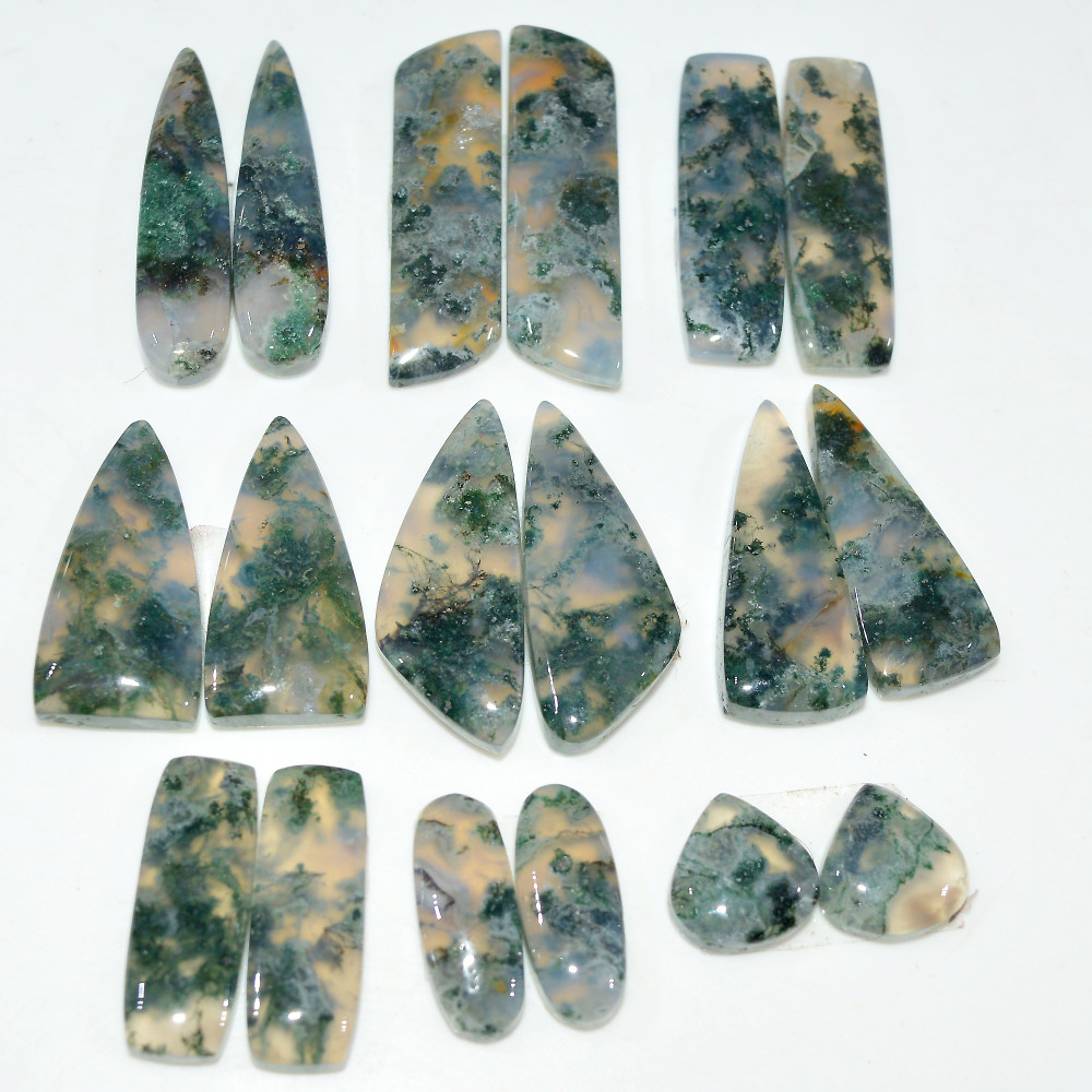 Image of 9 Pairs 174 Cts Natural Green Moss Agate Cabochon Gemstone Pair Lot For Silver Jewelry 30x9 16x9mm 30x8 10x10mm #17577