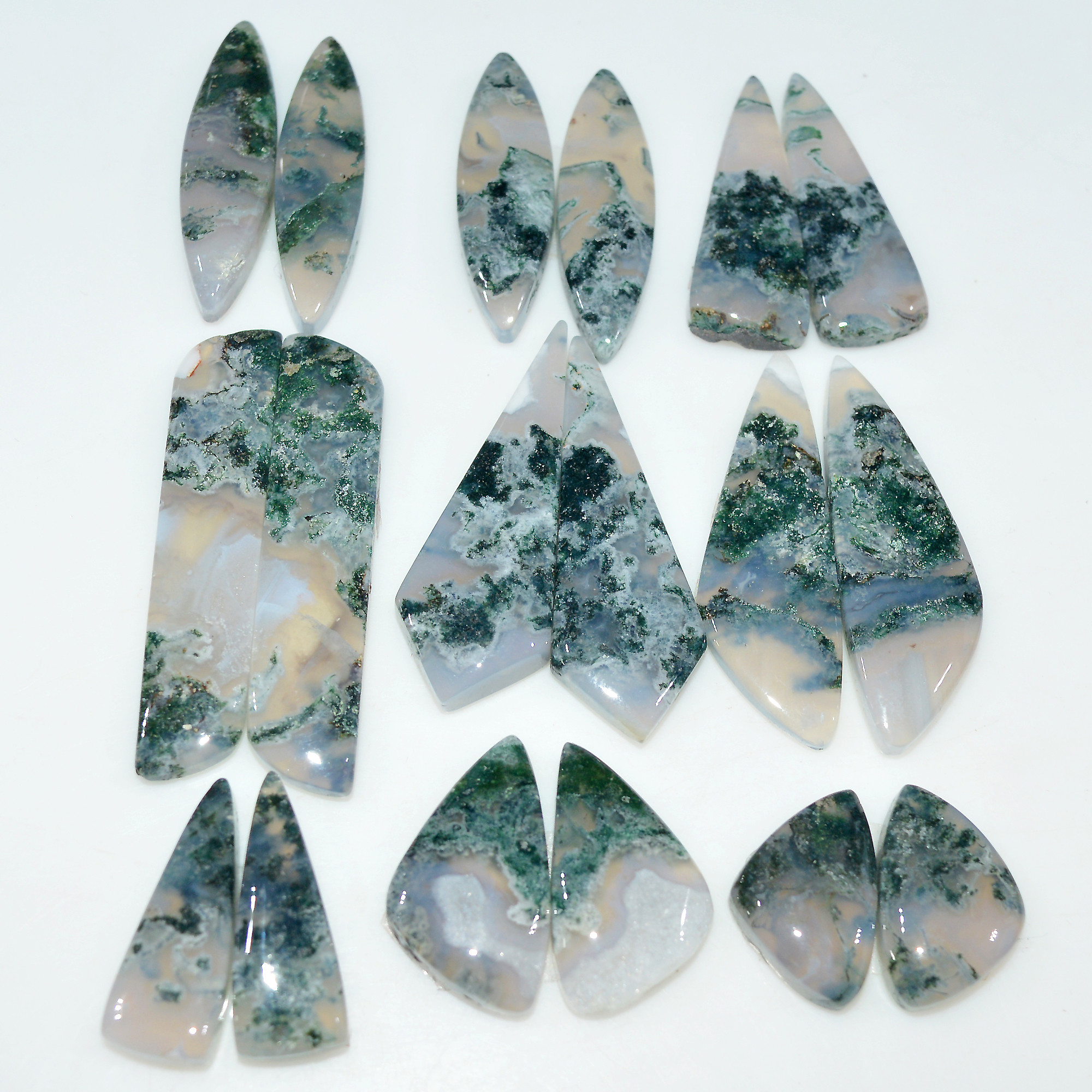 9 Pairs 200 Cts Natural Green Moss Agate Cabochon Gemstone Pair Lot For Silver Jewelry 30x9 16x9mm 40x7 15x10mm 17578