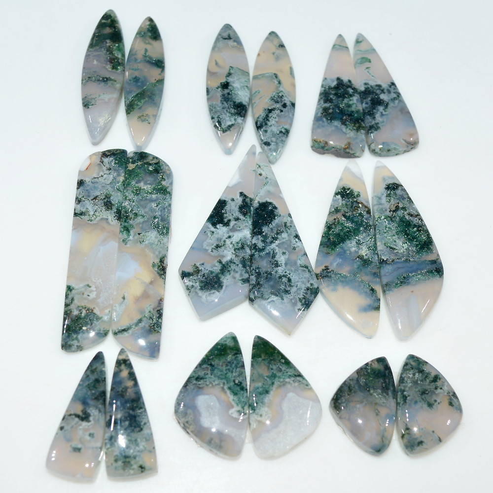 Image of 9 Pairs 200 Cts Natural Green Moss Agate Cabochon Gemstone Pair Lot For Silver Jewelry 30x9 16x9mm 40x7 15x10mm #17578