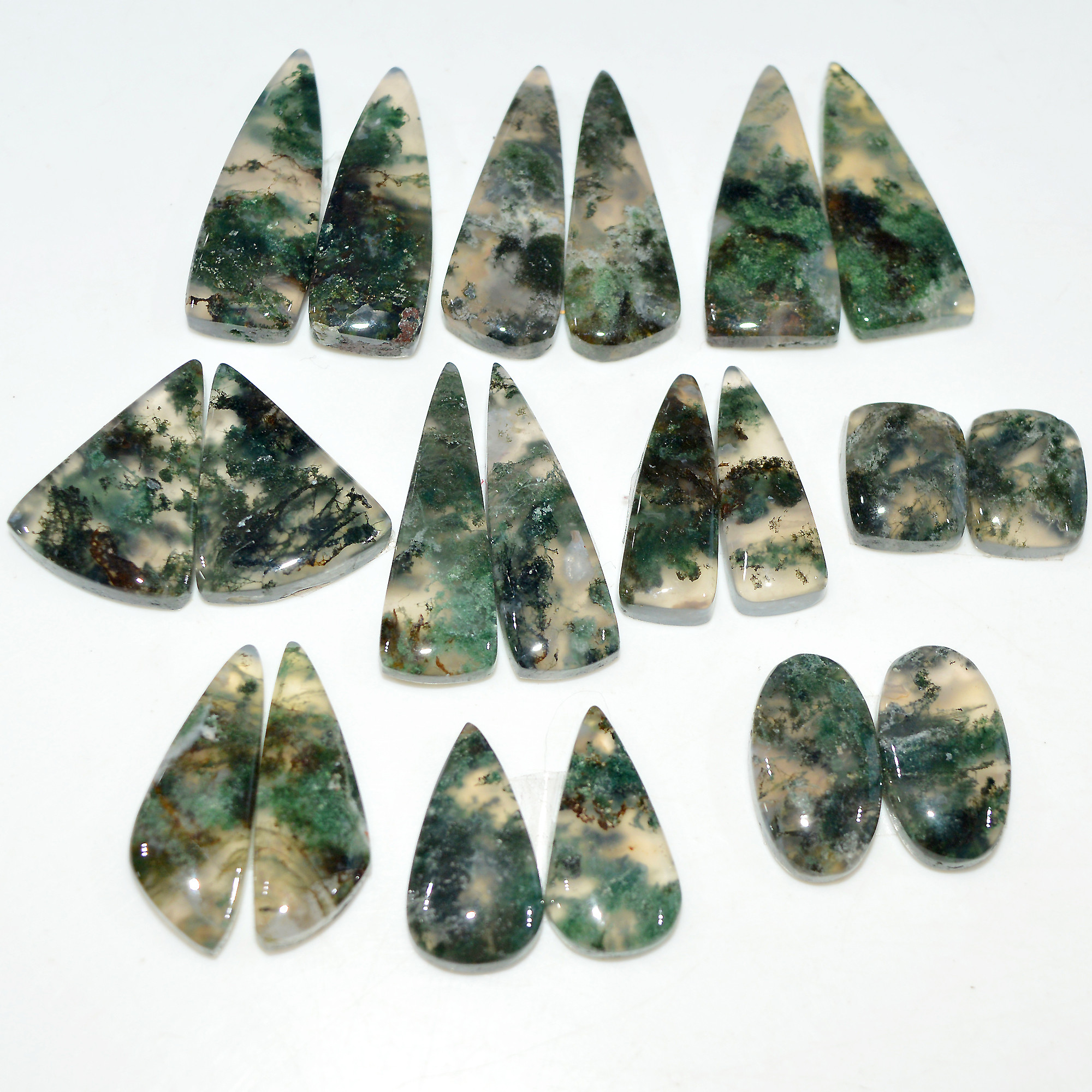 10 Pairs 197 Cts Natural Green Moss Agate Cabochon Gemstone Pair Lot For Silver Jewelry 30x9 16x9mm 26x10 10x8mm 17579