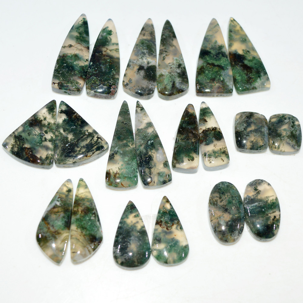 Image of 10 Pairs 197 Cts Natural Green Moss Agate Cabochon Gemstone Pair Lot For Silver Jewelry 30x9 16x9mm 26x10 10x8mm #17579