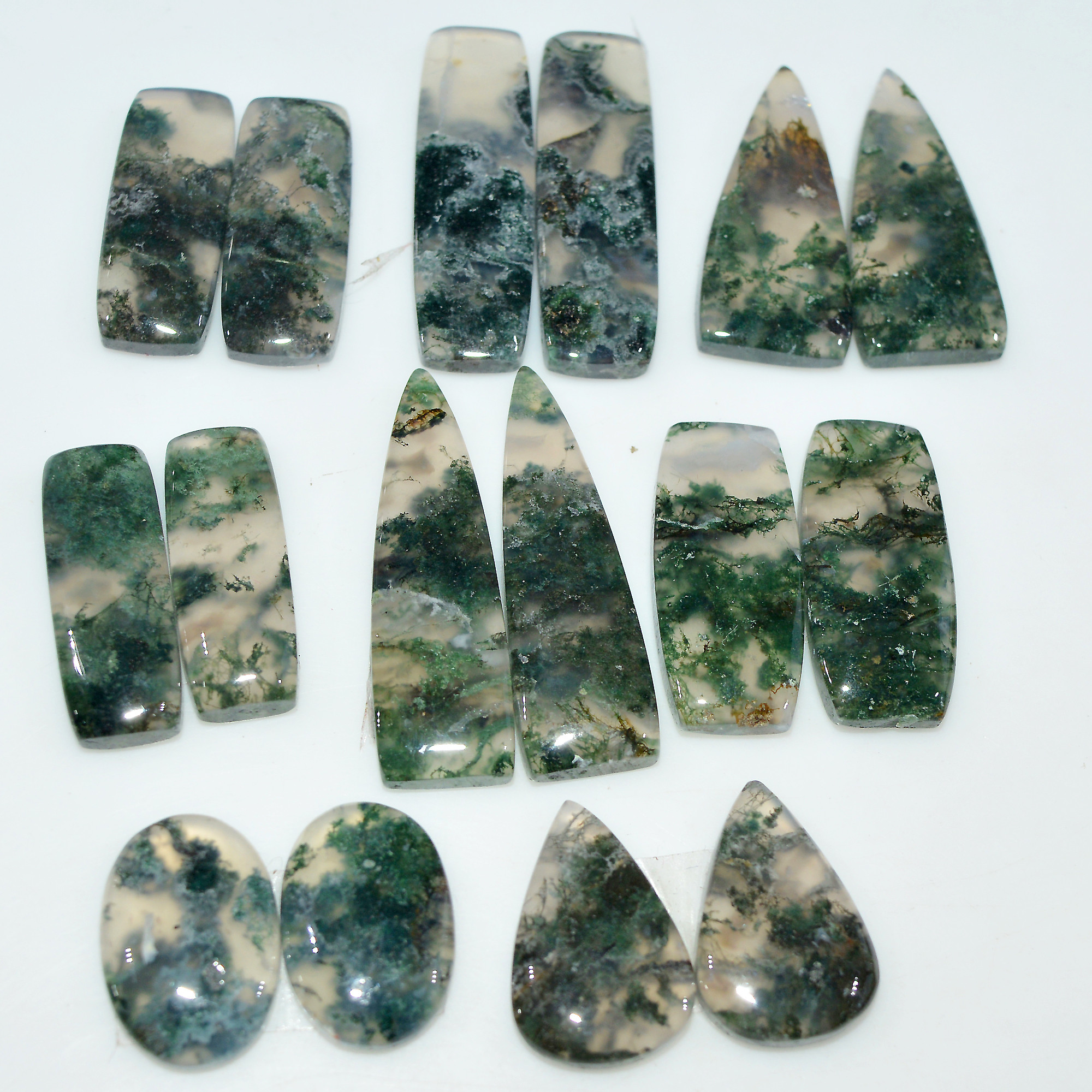 8 Pairs 200 Cts Natural Green Moss Agate Cabochon Gemstone Pair Lot For Silver Jewelry 30x9 16x9mm 34x10 16x10mm 17580