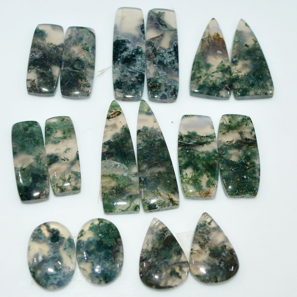 Image of 8 Pairs 200 Cts Natural Green Moss Agate Cabochon Gemstone Pair Lot For Silver Jewelry 30x9 16x9mm 34x10 16x10mm #17580