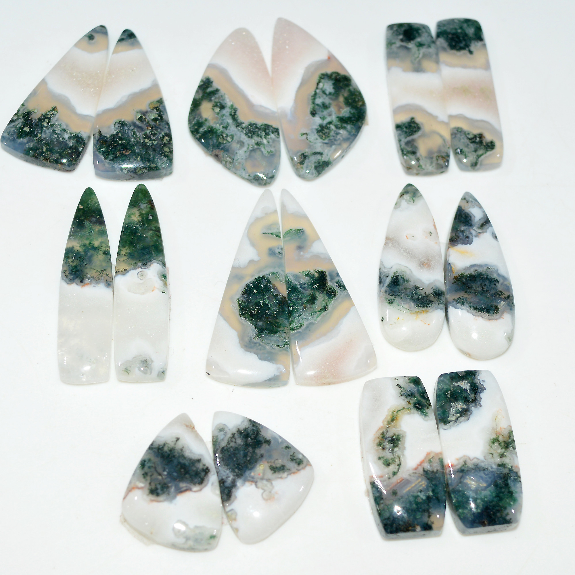 8 Pairs 176 Cts Natural Green Moss Agate Cabochon Gemstone Pair Lot For Silver Jewelry 30x9 16x9mm 30x10 19x10mm 17581