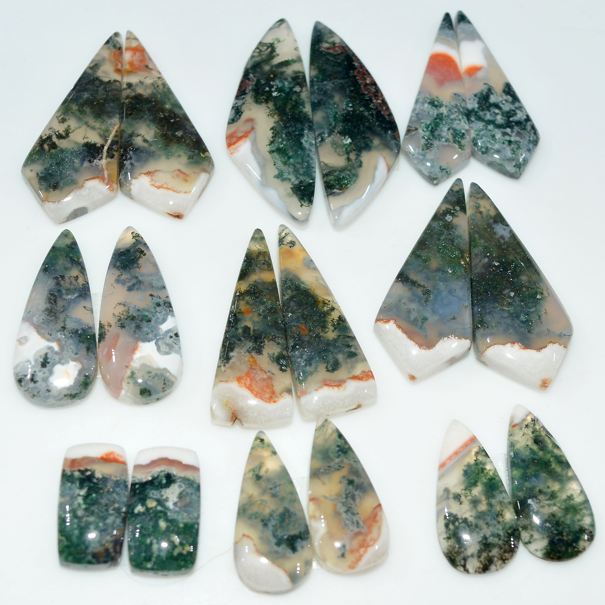 9 Pairs 188Cts Natural Green Moss Agate Cabochon Gemstone Pair Lot 34x10 15x6mm 17582