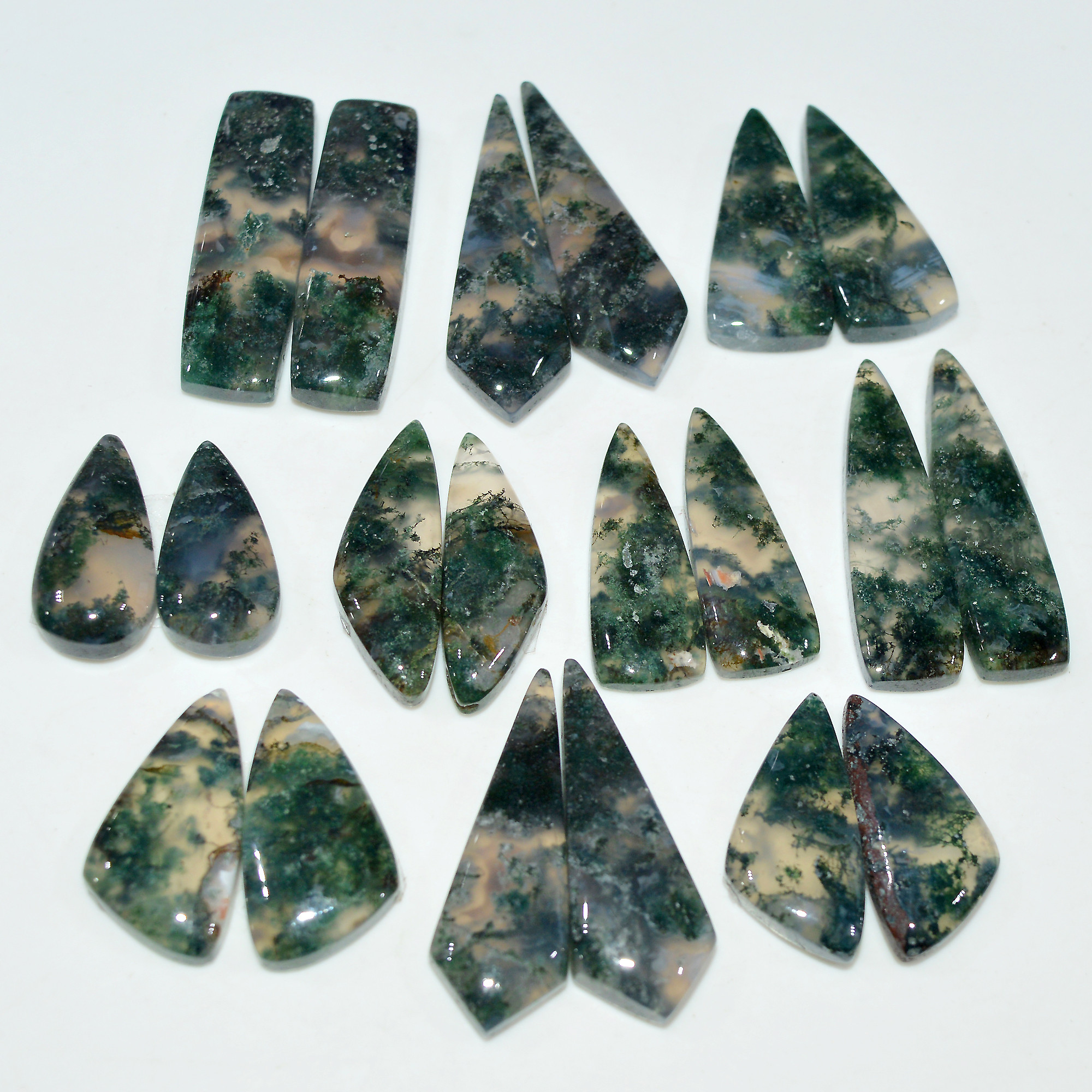 10 Pairs 205Cts Natural Green Moss Agate Cabochon Gemstone Pair Lot 34x10 20x9mm 17583