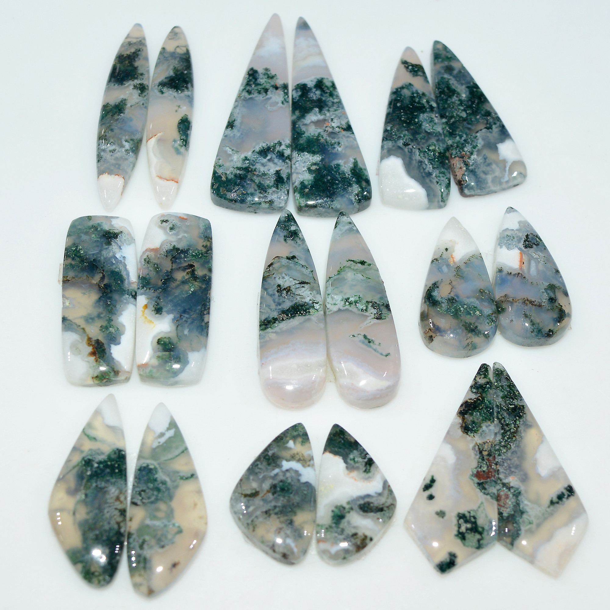 9 Pairs 160Cts Natural Green Moss Agate Cabochon Gemstone Pair Lot 31x10 16x10mm 17584
