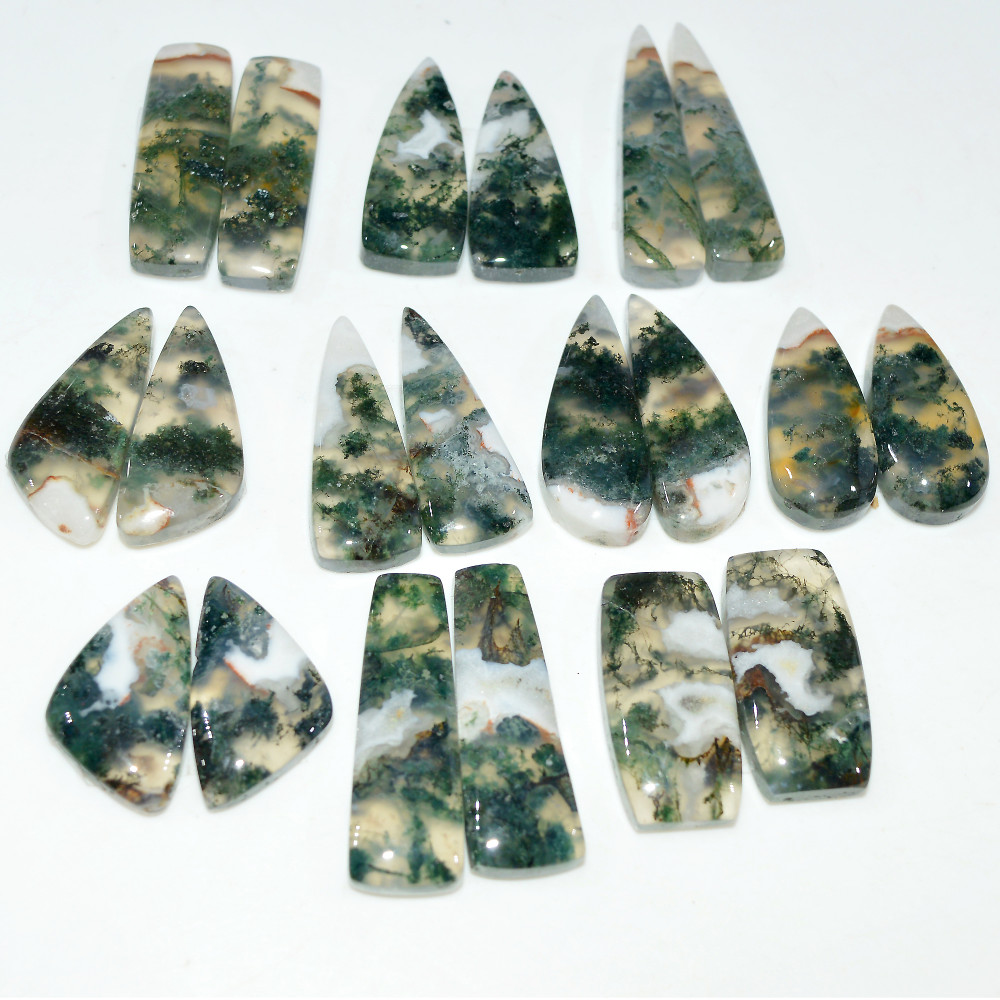 Image of 10 Pairs 189Cts Natural Green Moss Agate Cabochon Gemstone Pair Lot 28x5 20x10mm #17585