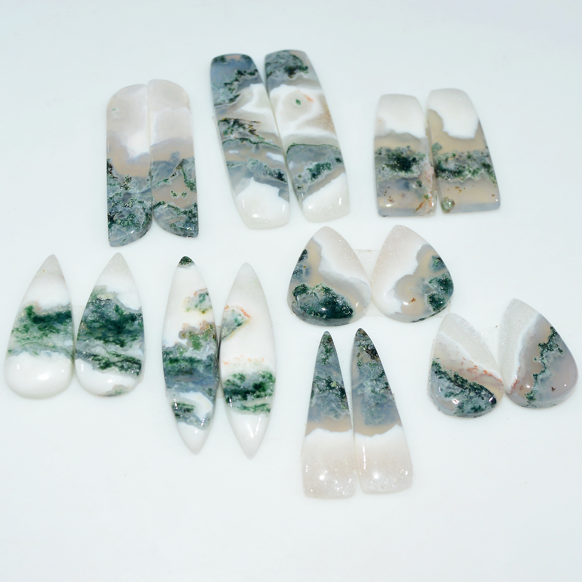 8 Pairs 159Cts Natural Green Moss Agate Cabochon Gemstone Pair Lot 35x9 16x10mm 17586
