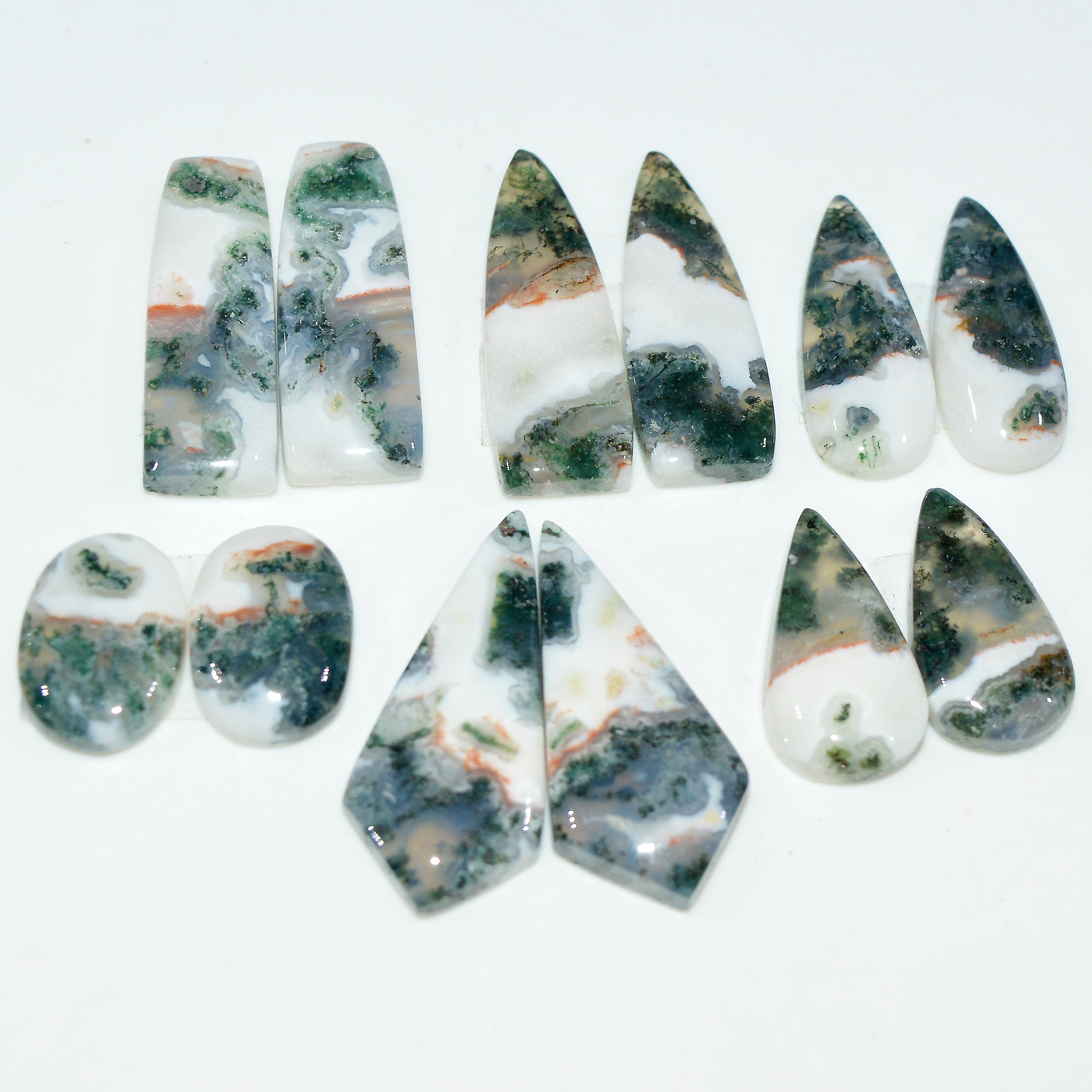 6 Pairs 108Cts Natural Green Moss Agate Cabochon Gemstone Pair Lot 28x10 14x10mm 17587