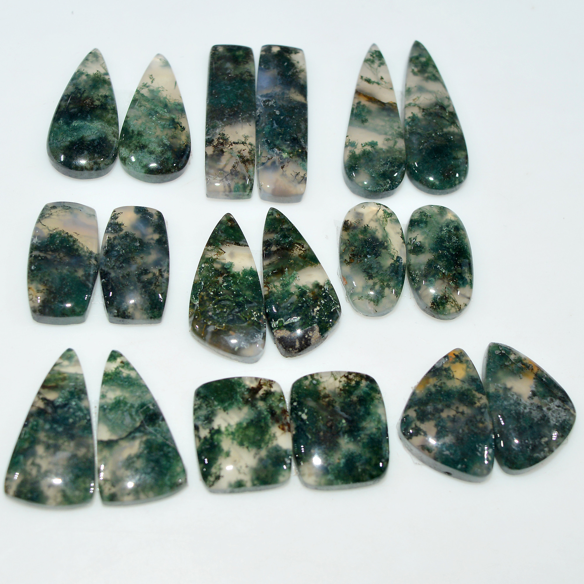 9 Pairs 159Cts Natural Green Moss Agate Cabochon Gemstone Pair Lot 25x9 15x10mm 17588