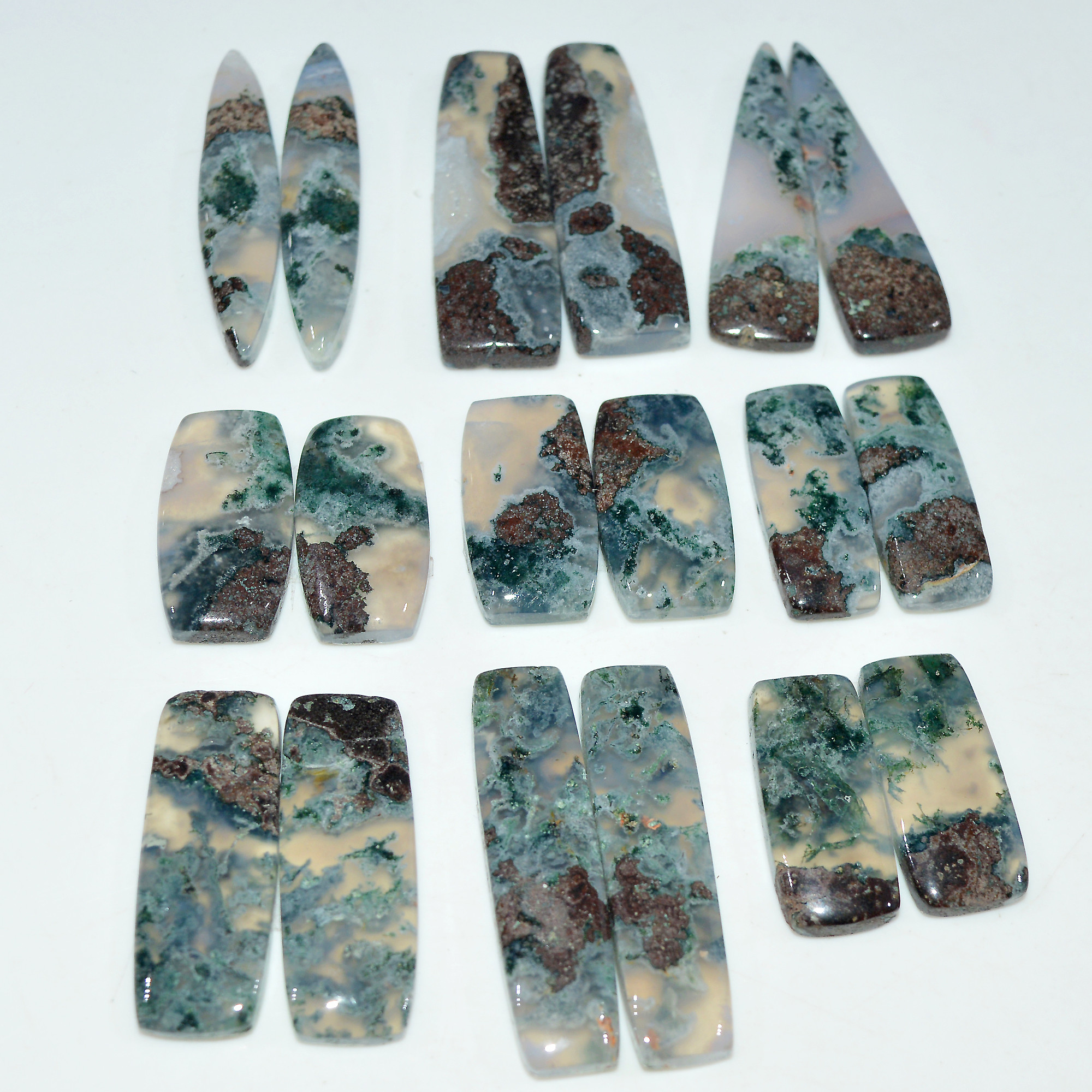 9 Pairs 240Cts Natural Green Moss Agate Cabochon Gemstone Pair Lot 35x10 20x10mm 17589
