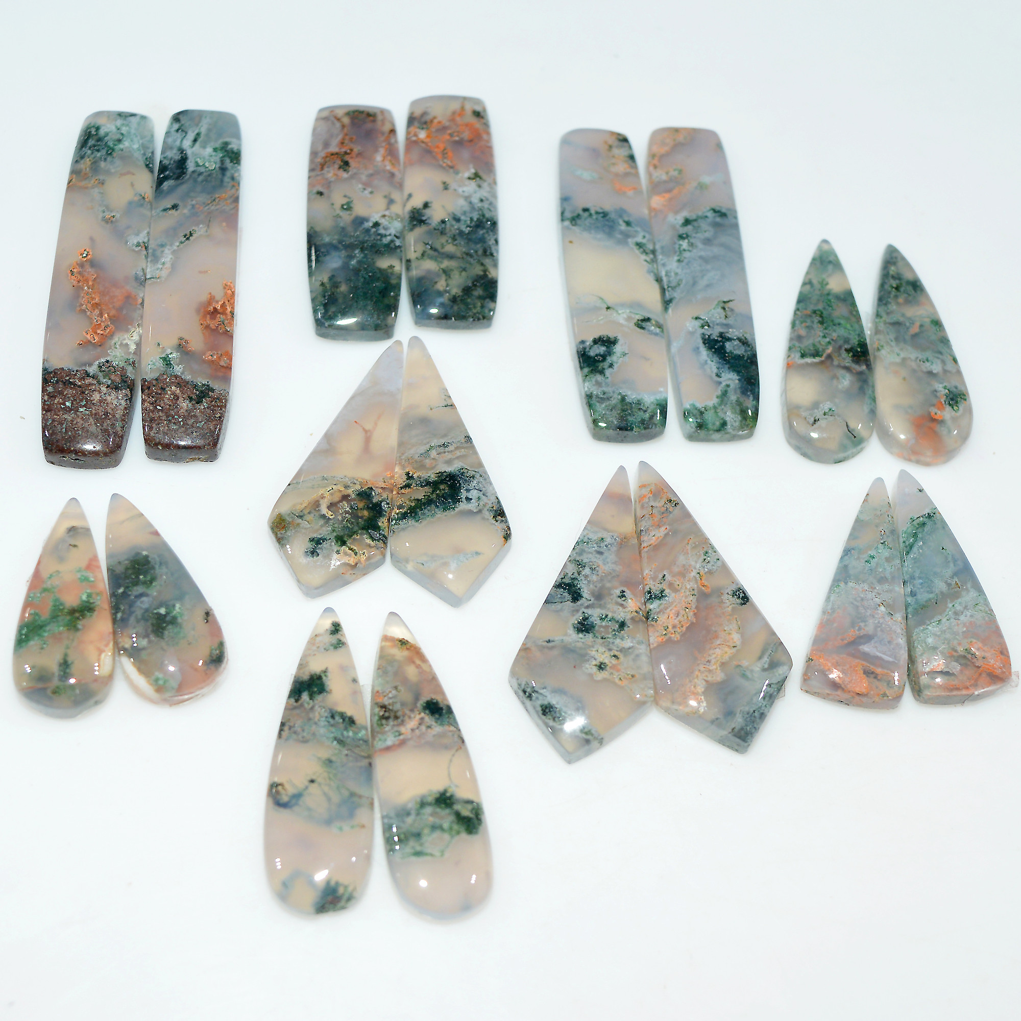 9 Pairs 204Cts Natural Green Moss Agate Cabochon Gemstone Pair Lot 38x7 20x9mm 17590