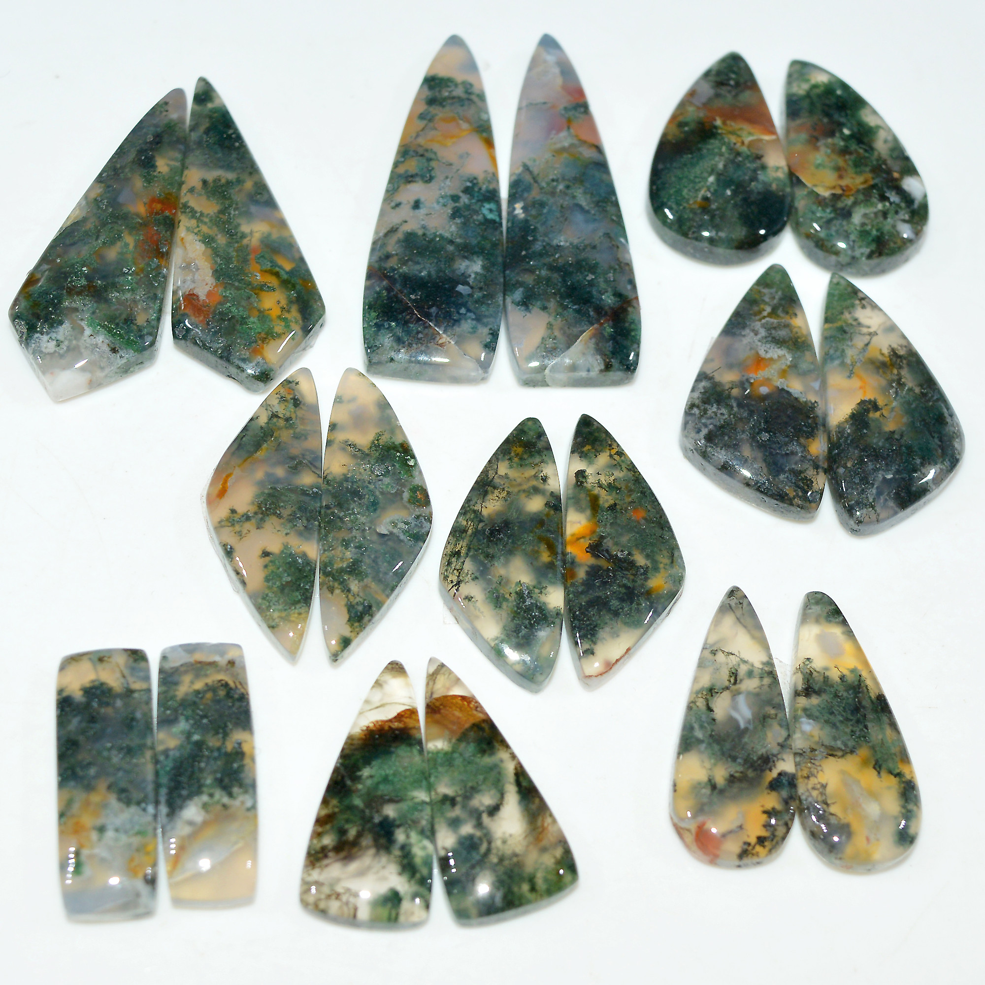 9 Pairs 192Cts Natural Green Moss Agate Cabochon Gemstone Pair Lot 35x10 20x5mm 17591