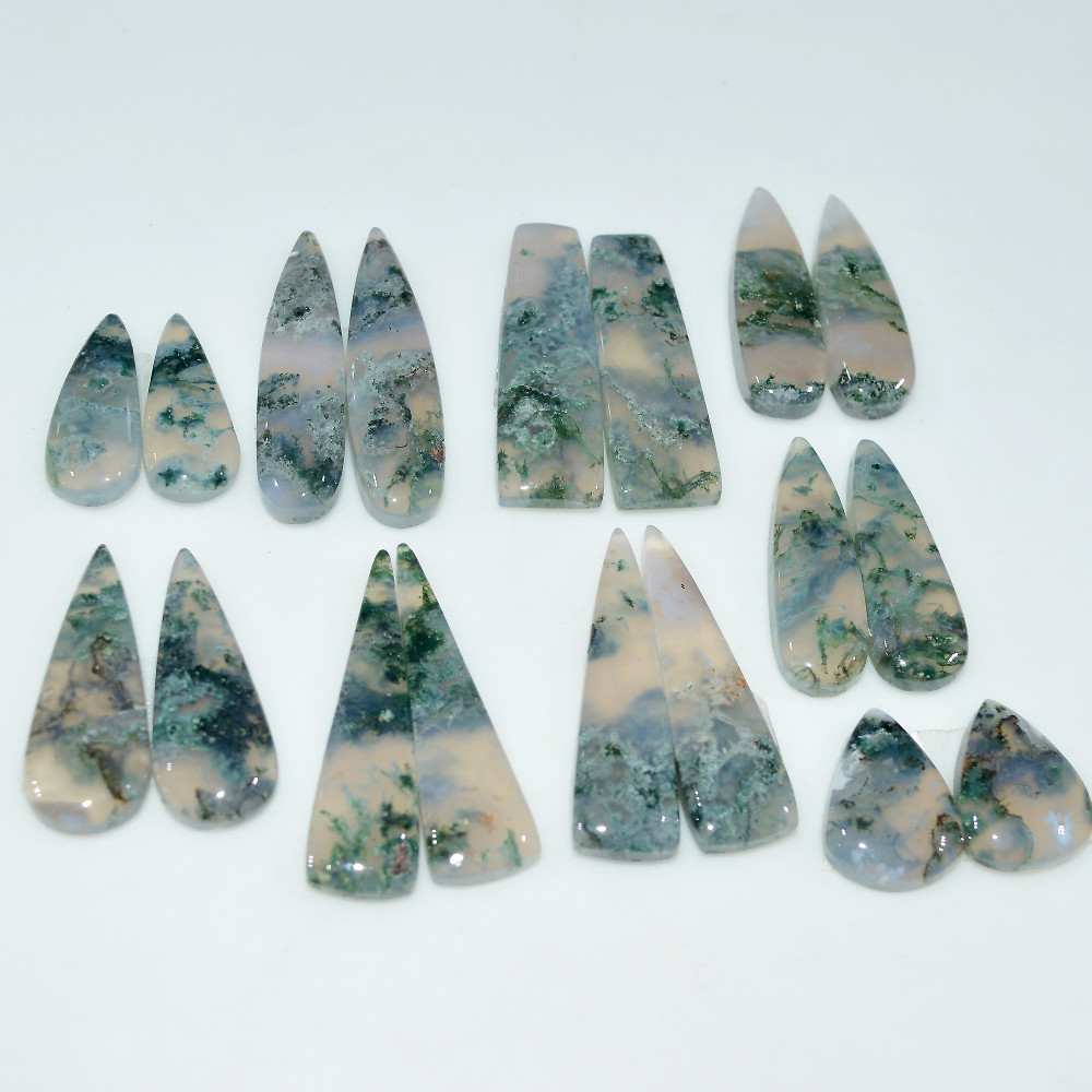 Image of 9 Pairs 171Cts Natural Green Moss Agate Cabochon Gemstone Pair Lot 30x8 15x10mm #17592