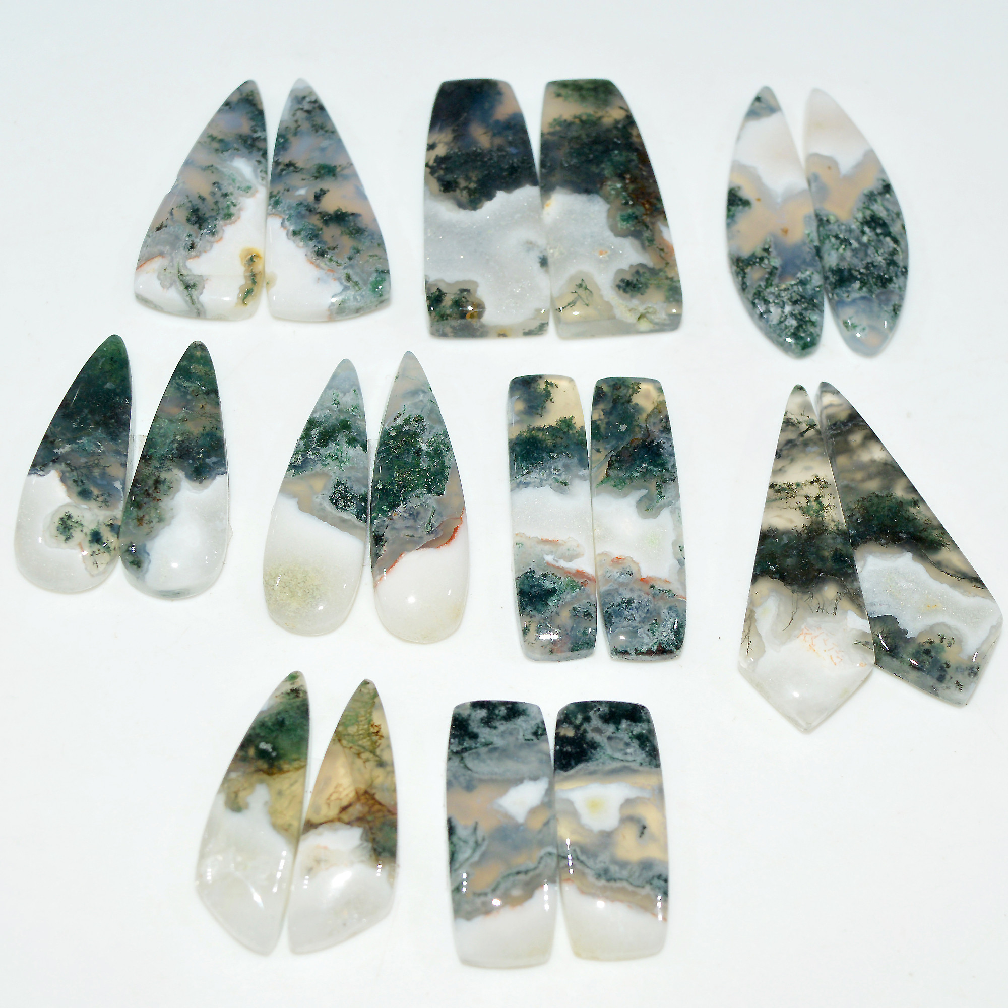 9 Pairs 189Cts Natural Green Moss Agate Cabochon Gemstone Pair Lot 33x10 20x9mm 17593