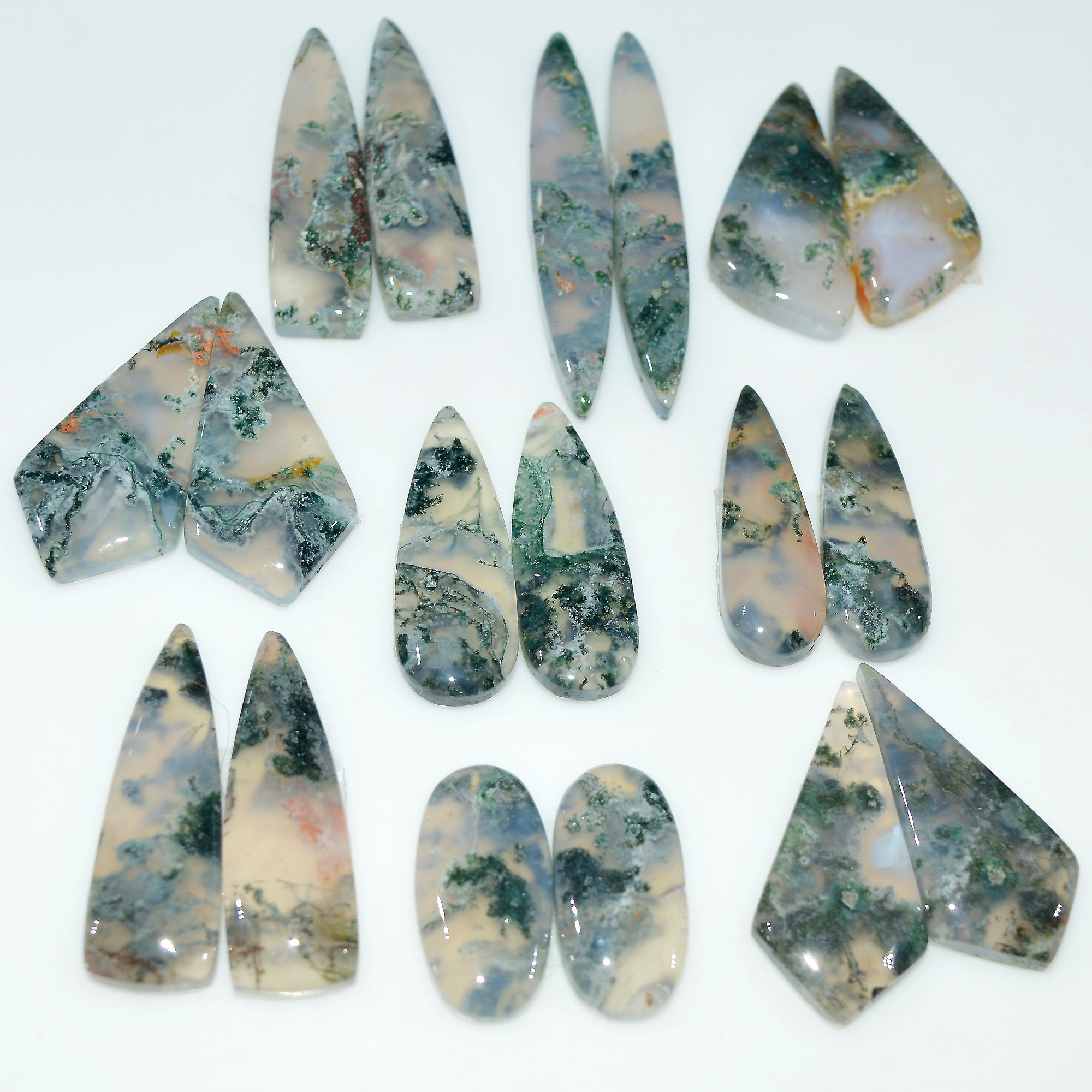 9 Pairs 198Cts Natural Green Moss Agate Cabochon Gemstone Pair Lot 40x5 19x10mm 17594