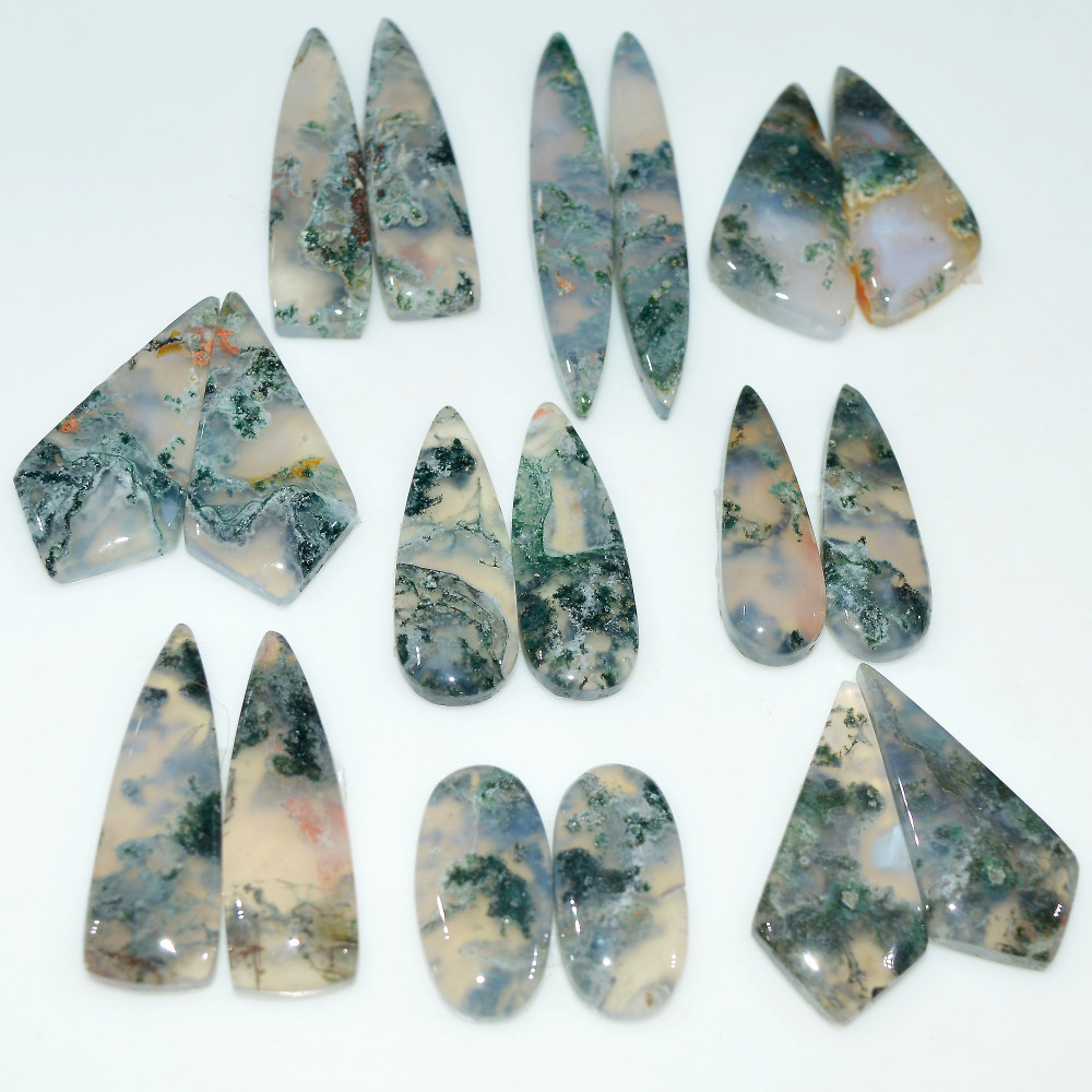 Image of 9 Pairs 198Cts Natural Green Moss Agate Cabochon Gemstone Pair Lot 40x5 19x10mm #17594