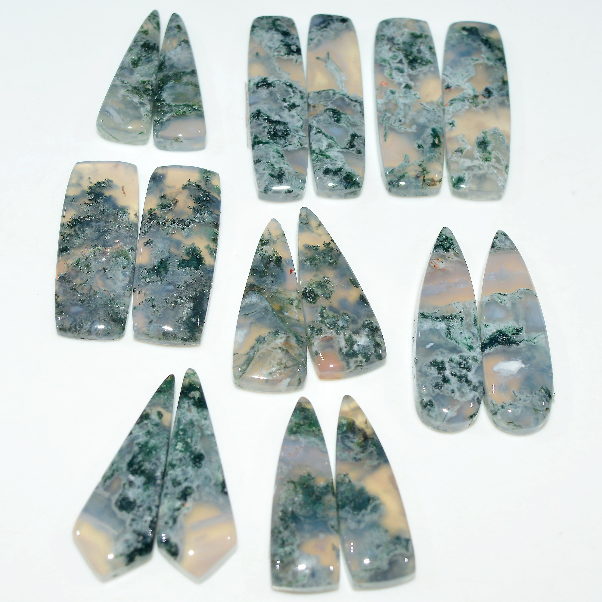 8 Pairs 192Cts Natural Green Moss Agate Cabochon Gemstone Pair Lot 30x9 23x5mm 17595