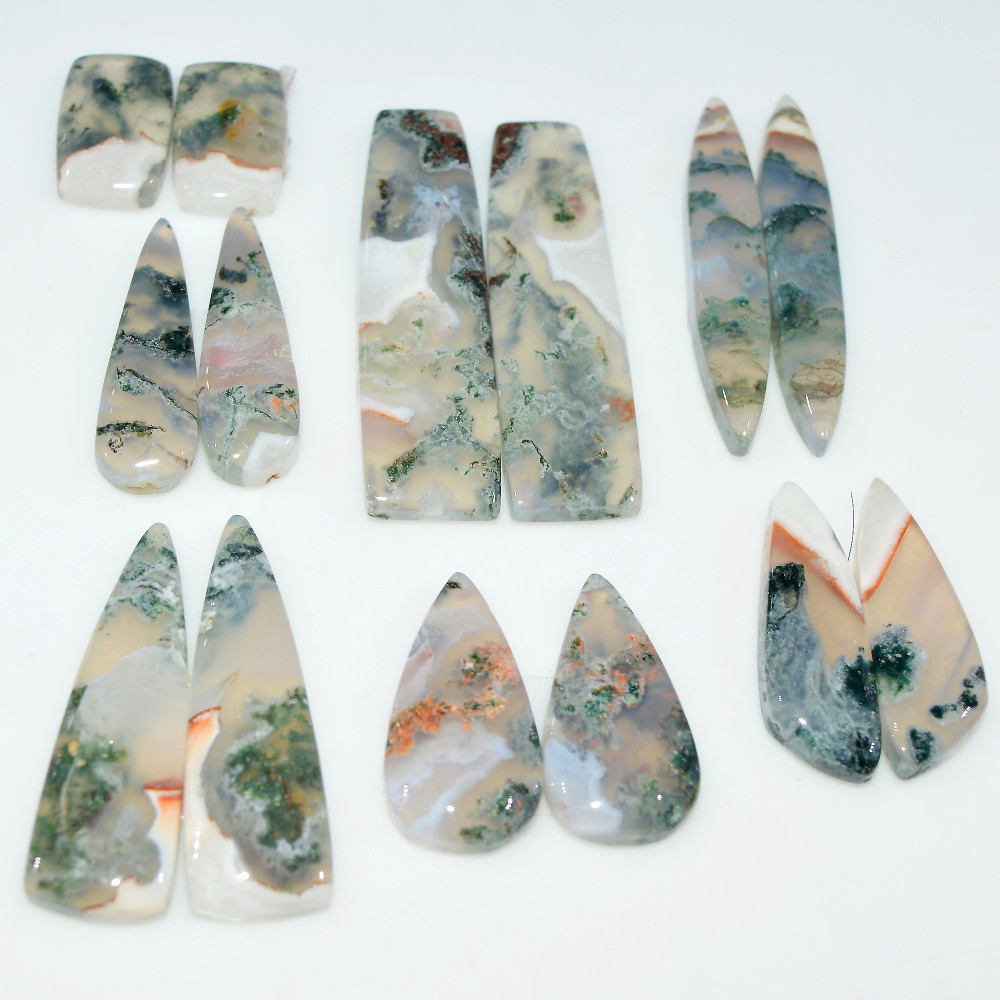 Image of 7 Pairs 172Cts Natural Green Moss Agate Cabochon Gemstone Pair Lot 40x10 15x9mm #17596