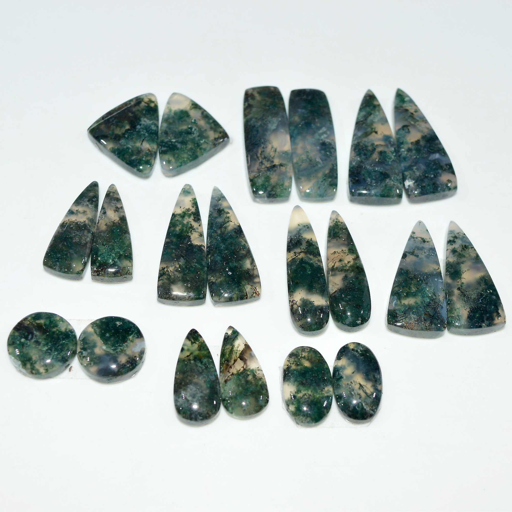 10 Pairs 176Cts Natural Green Moss Agate Cabochon Gemstone Pair Lot 26x10 10x10mm 17597