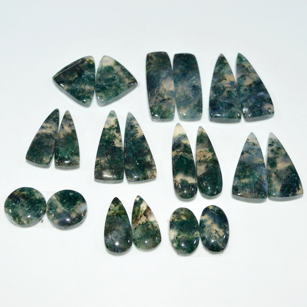 Image of 10 Pairs 176Cts Natural Green Moss Agate Cabochon Gemstone Pair Lot 26x10 10x10mm #17597