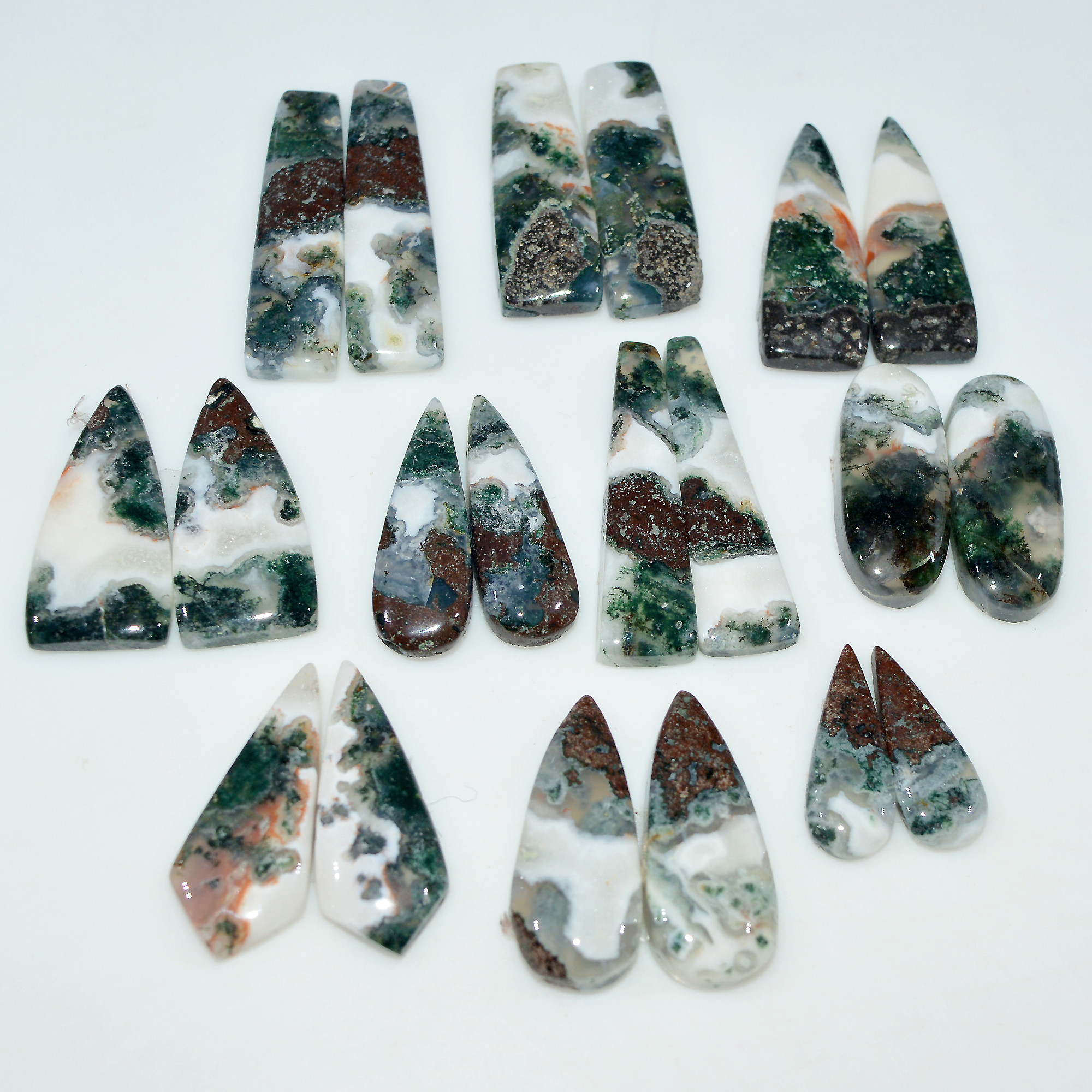 10 Pairs 231Cts Natural Green Moss Agate Cabochon Gemstone Pair Lot 33x9 20x5mm 17598