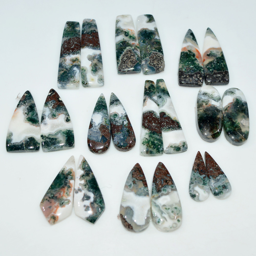 Image of 10 Pairs 231Cts Natural Green Moss Agate Cabochon Gemstone Pair Lot 33x9 20x5mm #17598