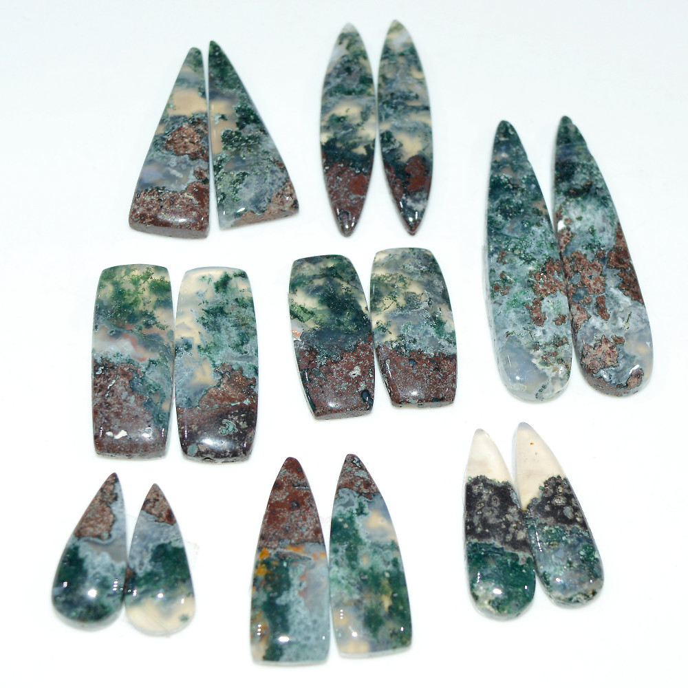 Image of 8 Pairs 161Cts Natural Green Moss Agate Cabochon Gemstone Pair Lot 40x9 18x6mm #17599