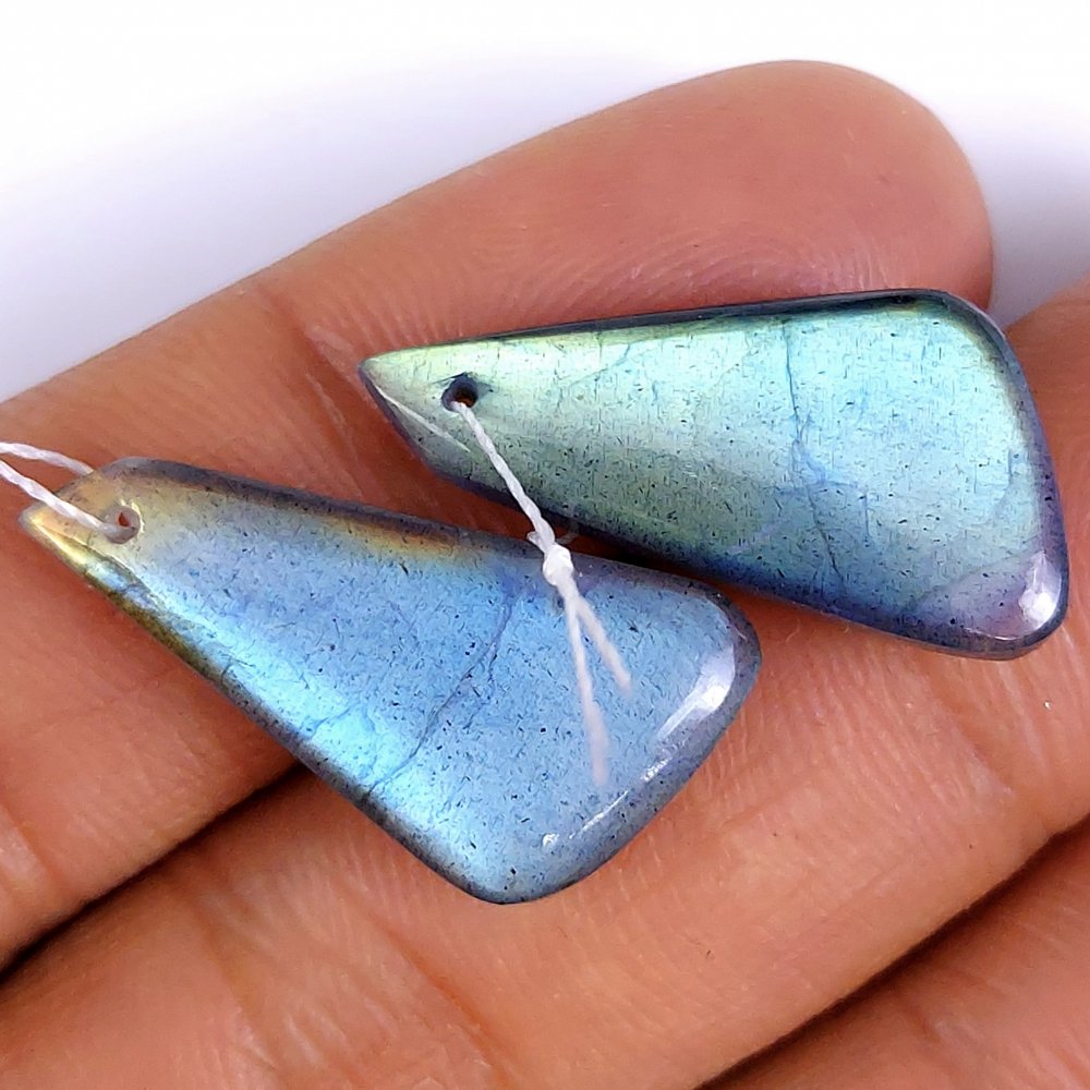 22Cts Natural Blue Labradorite Cabochon Pair Fancy Shape Drilled Loose Gemstone 22x12mm #176