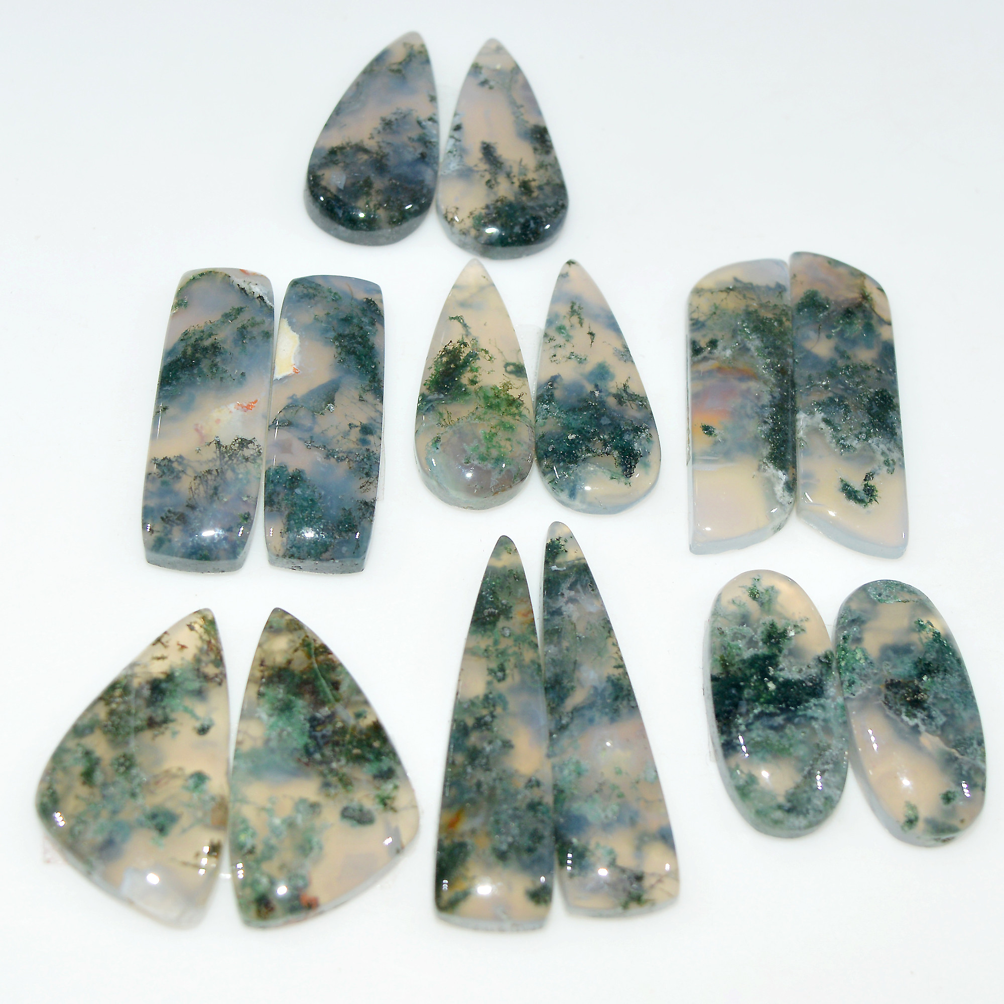 7 Pairs 146Cts Natural Green Moss Agate Cabochon Gemstone Pair Lot 30x8 20x10mm 17600