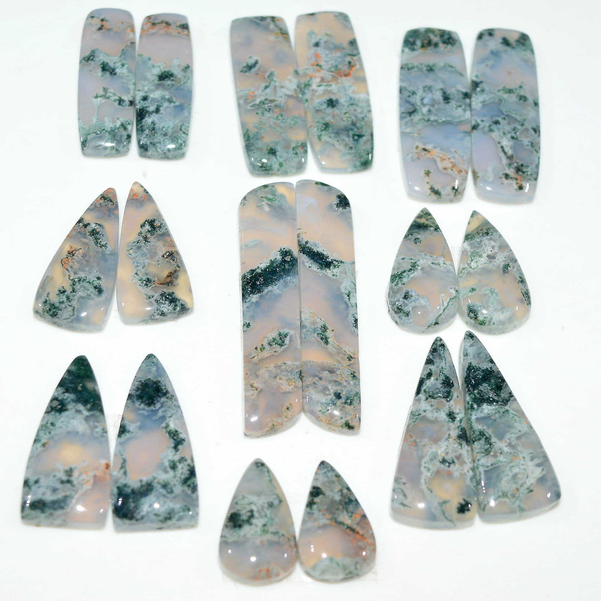 9 Pairs 207Cts Natural Green Moss Agate Cabochon Gemstone Pair Lot 39x6 15x10mm 17601