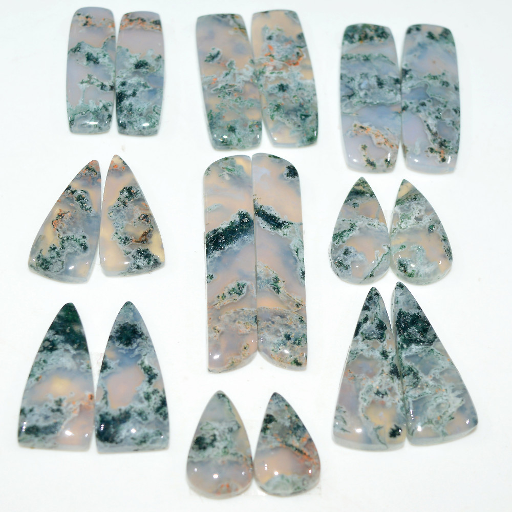 Image of 9 Pairs 207Cts Natural Green Moss Agate Cabochon Gemstone Pair Lot 39x6 15x10mm #17601