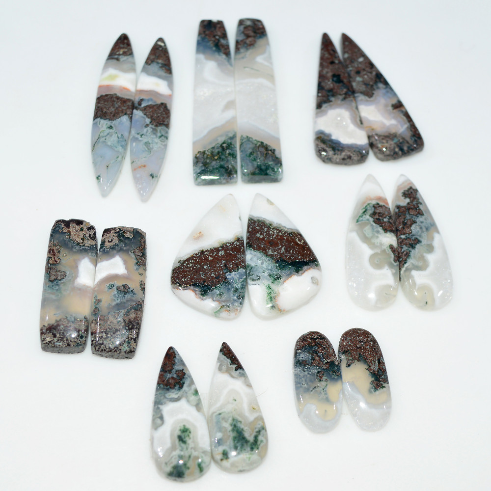 Image of 8 Pairs 205 Cts Natural Green Moss Agate Cabochon Gemstone Pair Lot 40x7 19x7mm #17602