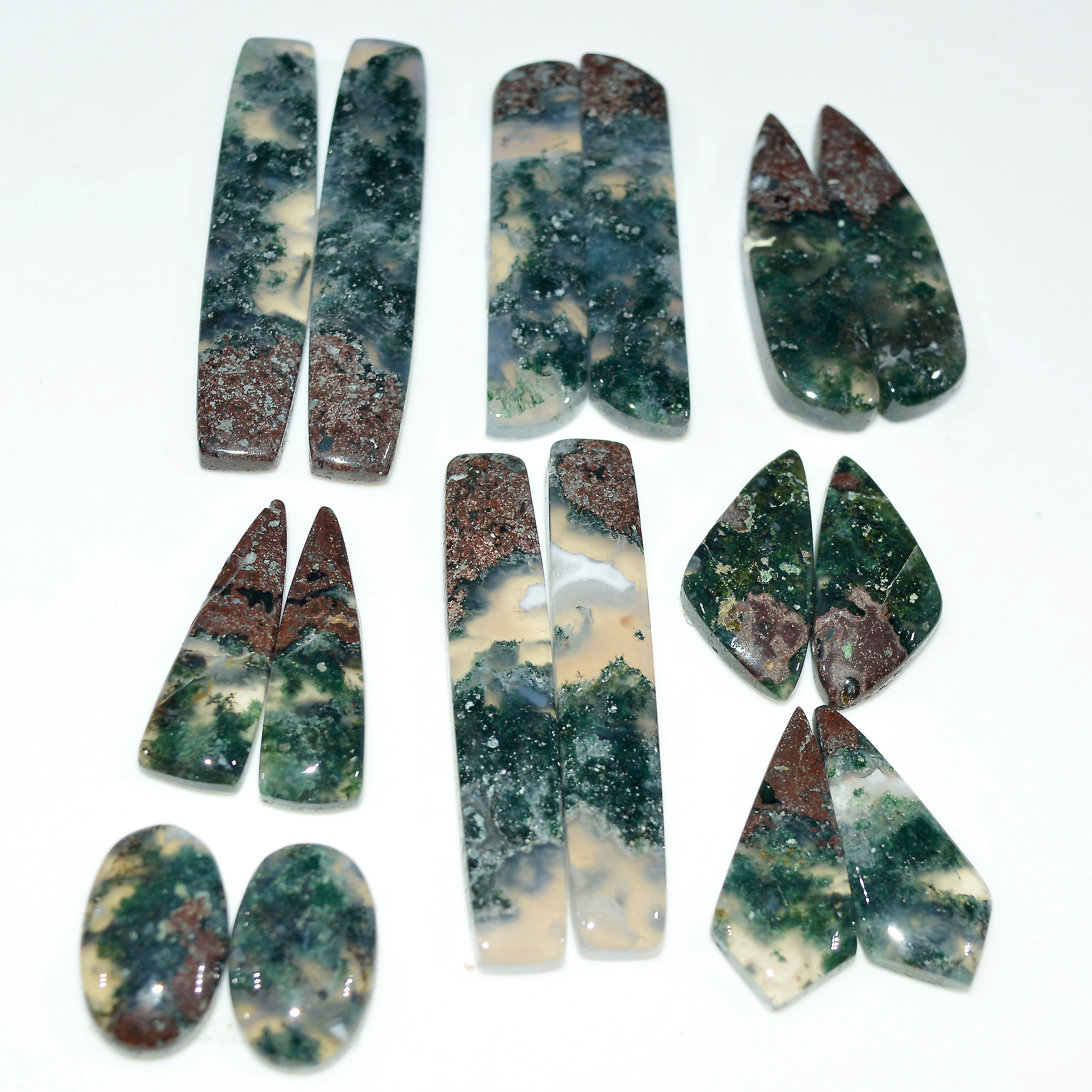 8 Pairs 206 Cts Natural Moss Agate Cabochon Gemstone Pair Lot 44x8 16x9mm 17603