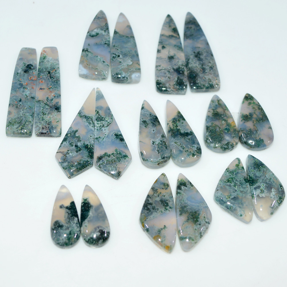Image of 9 Pairs 214Cts Natural Moss Agate Cabochon Gemstone Pair Lot 35x10 19x7mm #17604