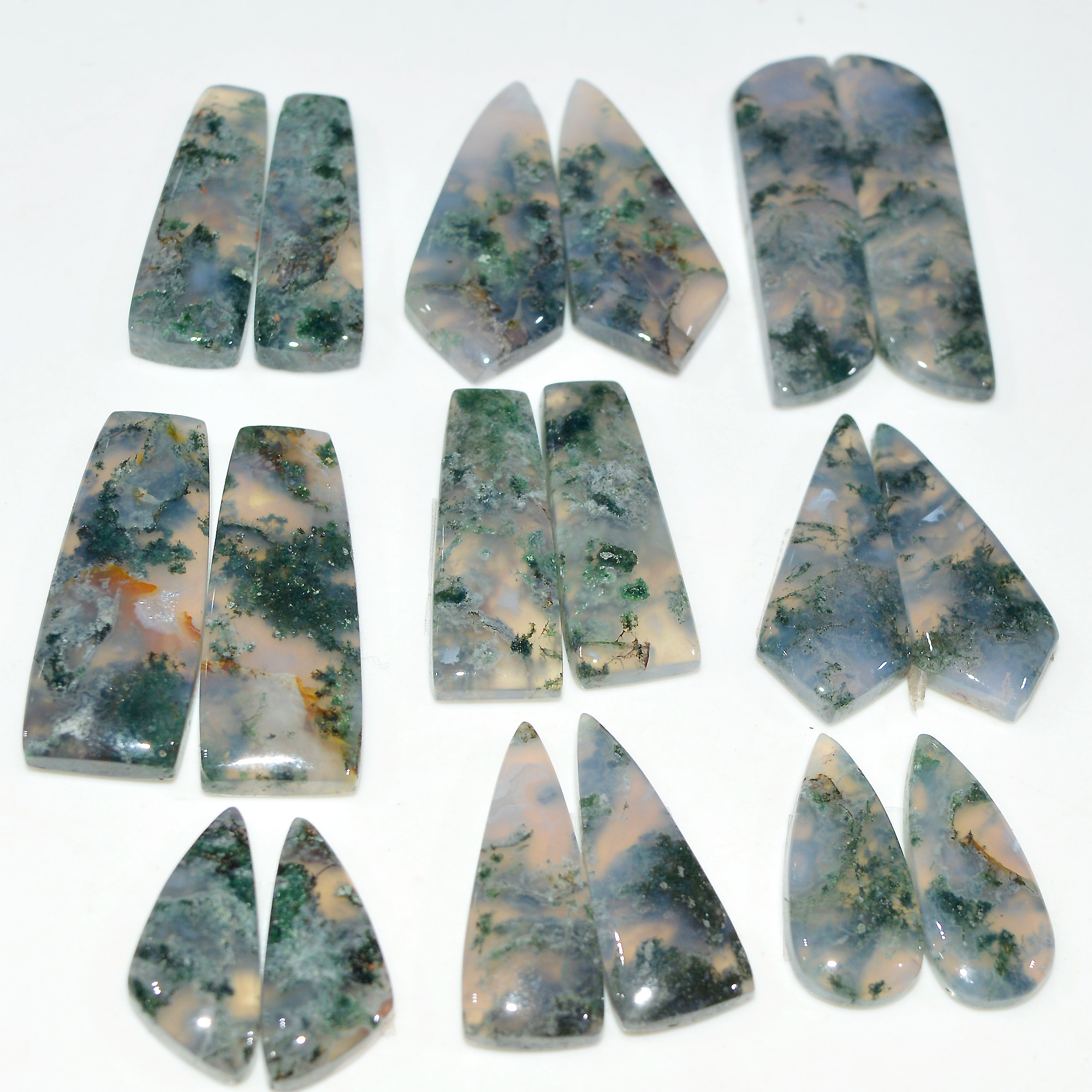 8 Pairs 182Cts Natural Moss Agate Cabochon Gemstone Pair Lot 30x12 20x9mm 17605