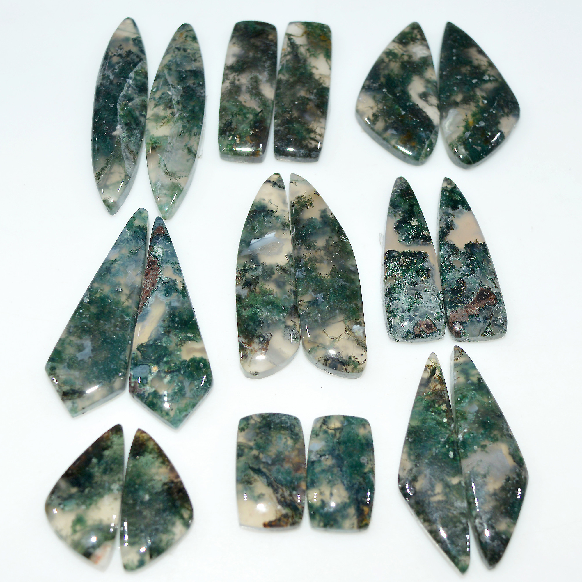 9 Pairs 205 Cts Natural Moss Agate Cabochon Gemstone Pair Lot 35x8 15x9mm 17606